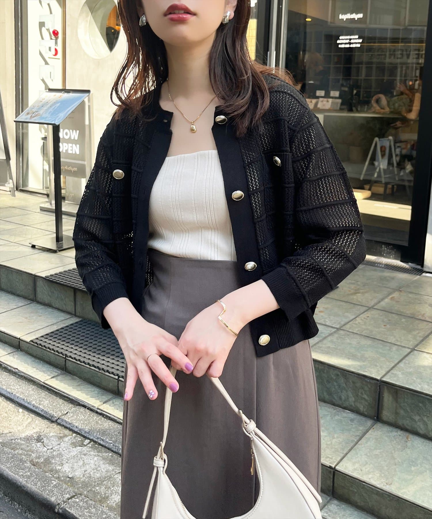 natural couture(ナチュラルクチュール) タック×透かしニット6分袖カーディガン
