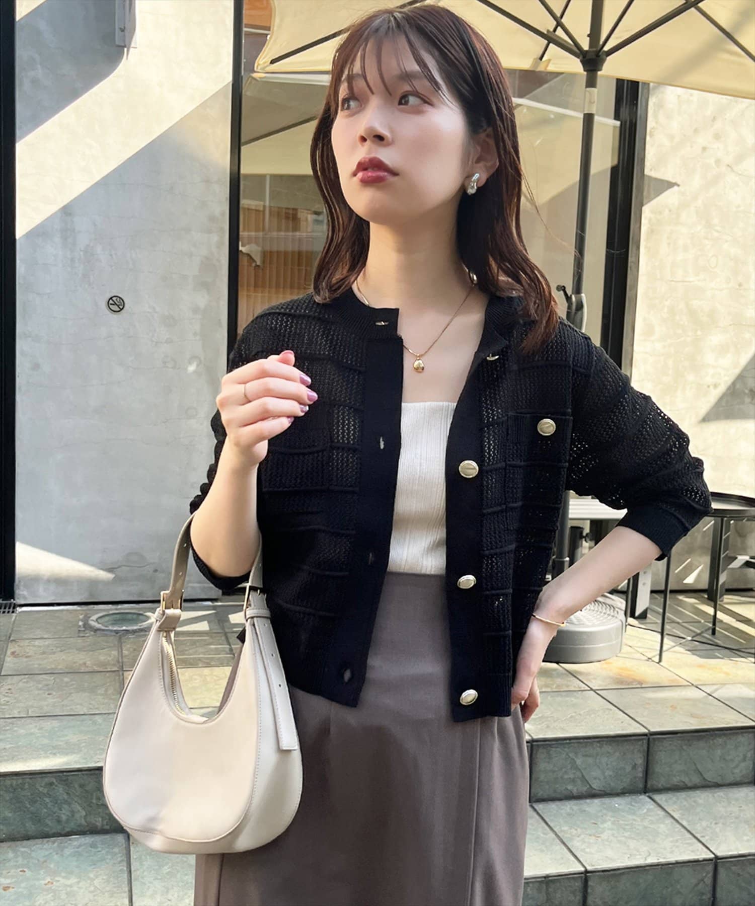 natural couture(ナチュラルクチュール) タック×透かしニット6分袖カーディガン