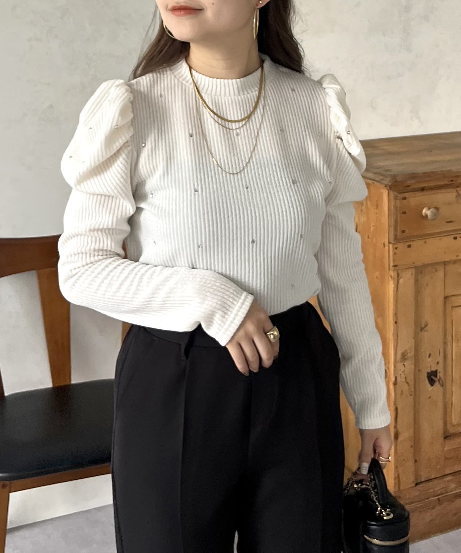 prose verse(プロズヴェール) ラインストーンパワショルリブ起毛カットソー