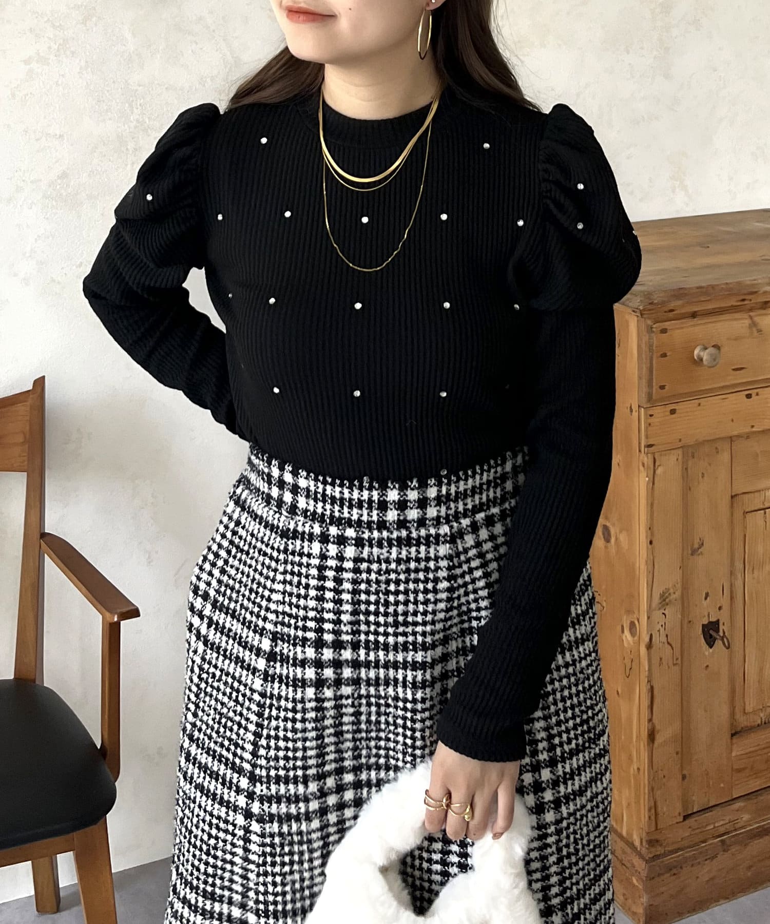 prose verse(プロズヴェール) ラインストーンパワショルリブ起毛カットソー