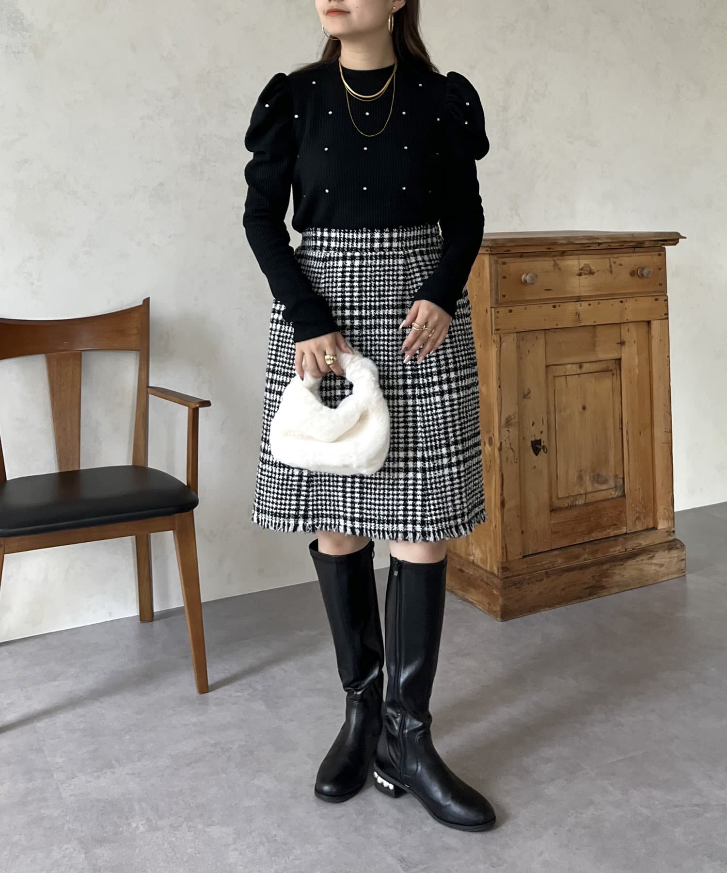 prose verse(プロズヴェール) ラインストーンパワショルリブ起毛カットソー