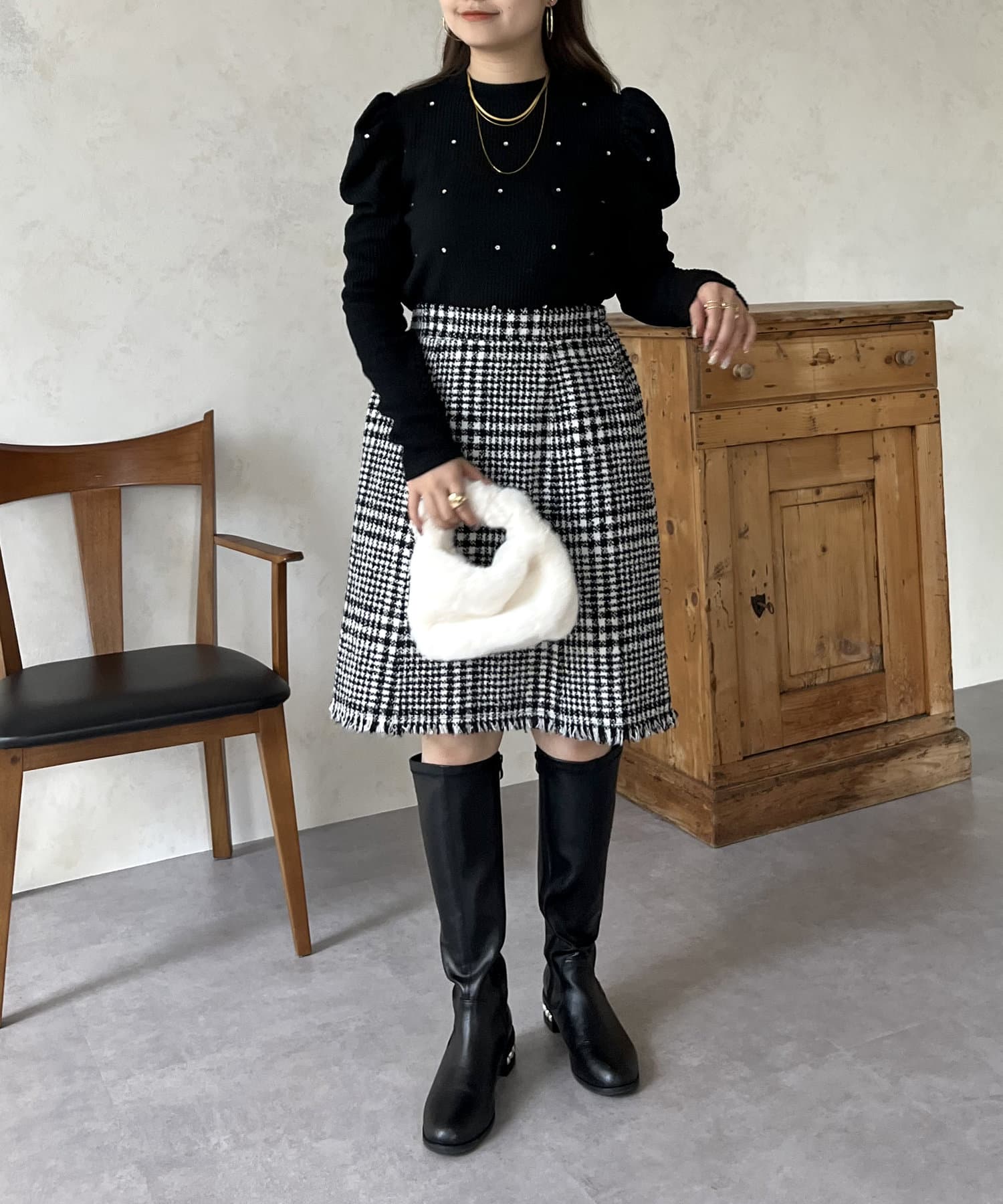 prose verse(プロズヴェール) ラインストーンパワショルリブ起毛カットソー