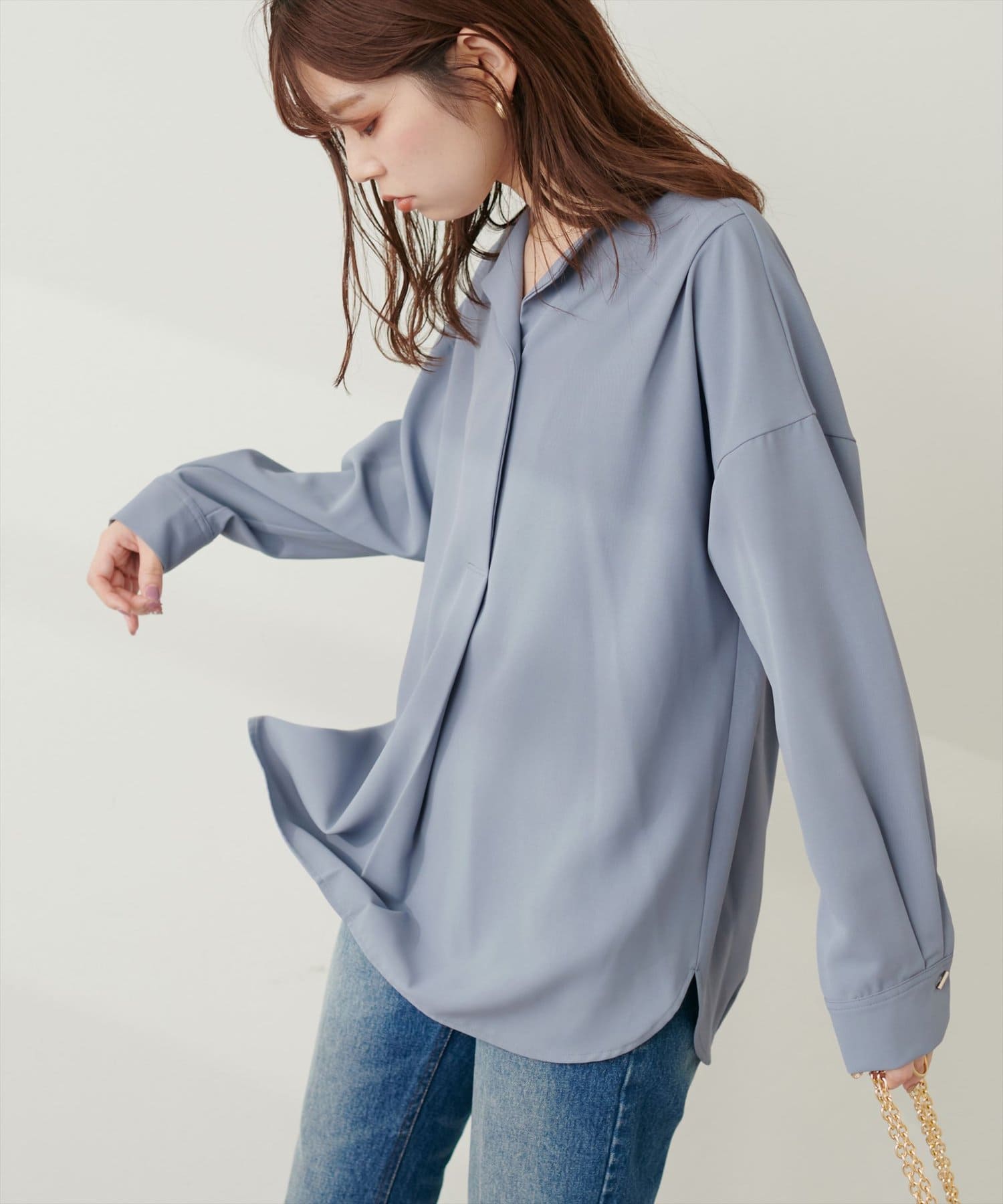 natural couture(ナチュラルクチュール) バー釦ポリツイルきれいめブラウス