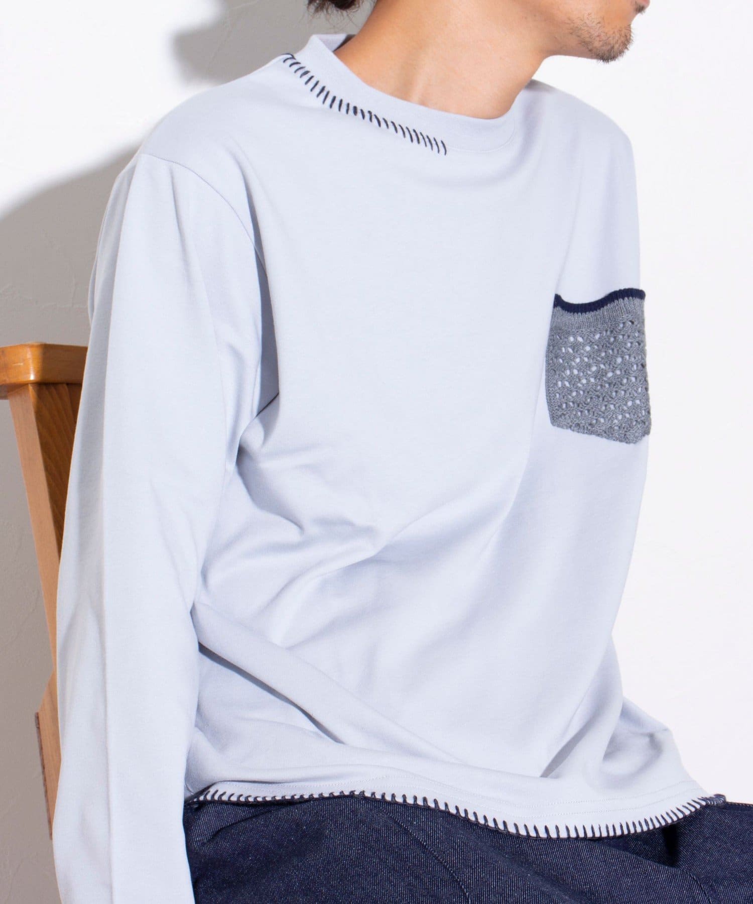 FREDY & GLOSTER(フレディ アンド グロスター) 【GLOSTER】ニットポケット ハンドステッチ長袖Tシャツ ワンポイント