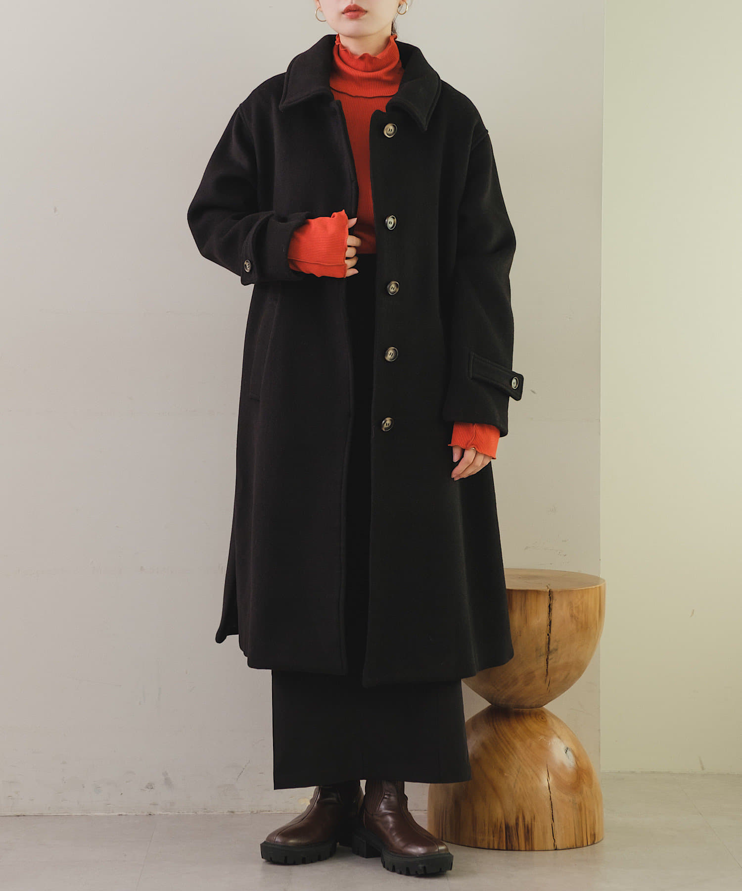【メンズメルローズ】ステンカラーコート (4) 黒 ウール LLサイズ相当