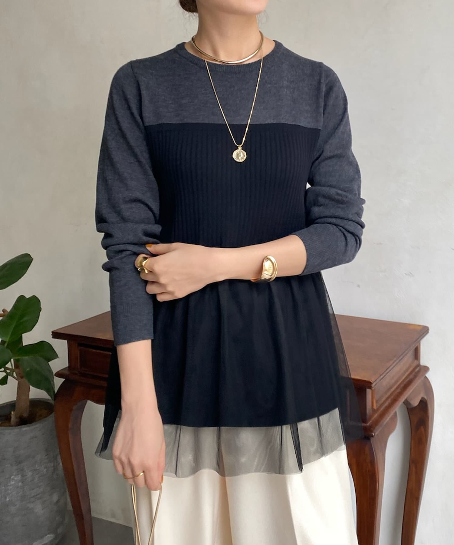 DOUDOU(ドゥドゥ) 【WEB限定】ビスチェレイヤード風ニット