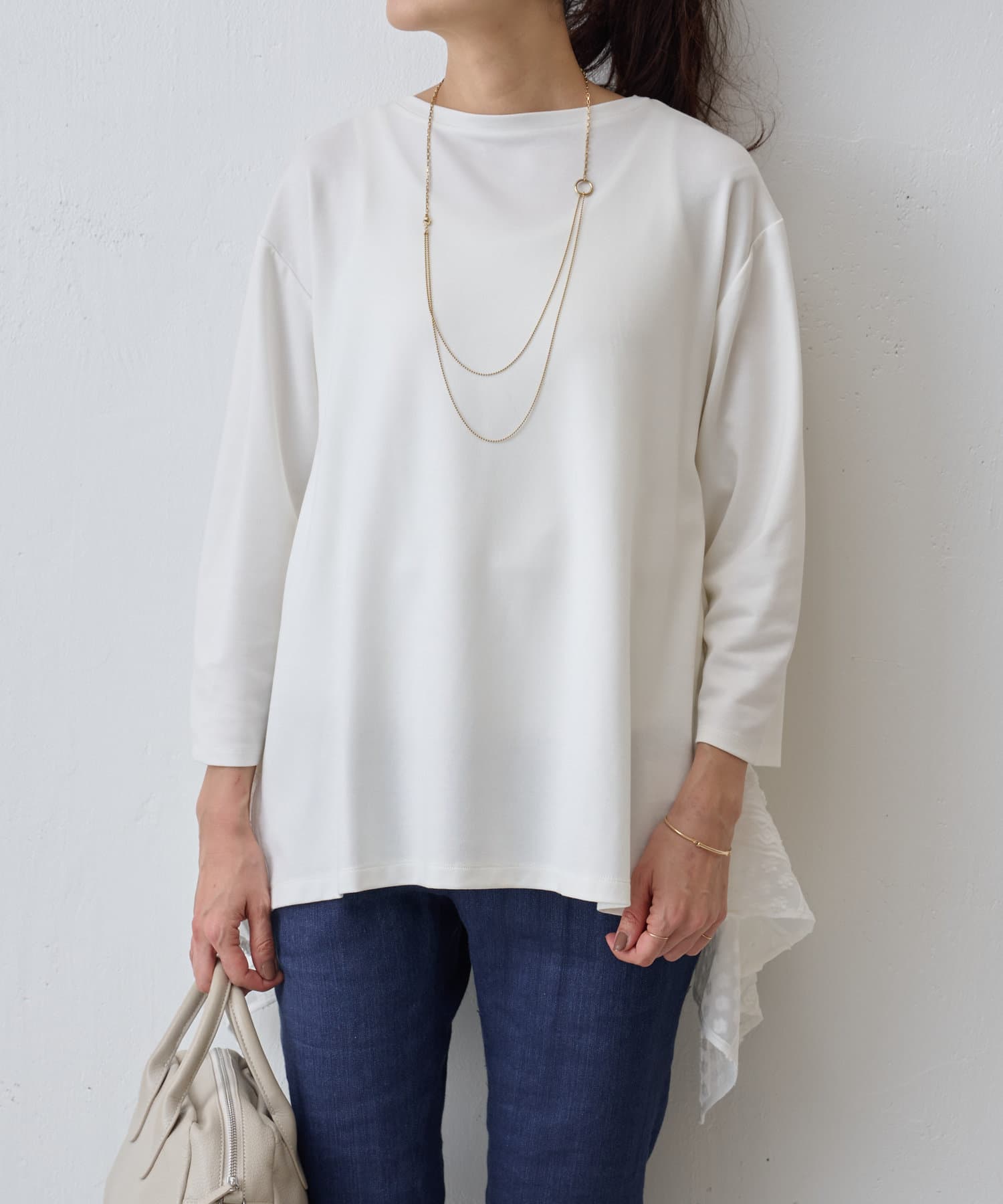 BEARDSLEY シフォンカットジャガードコンビカットソー 白 ストライプ