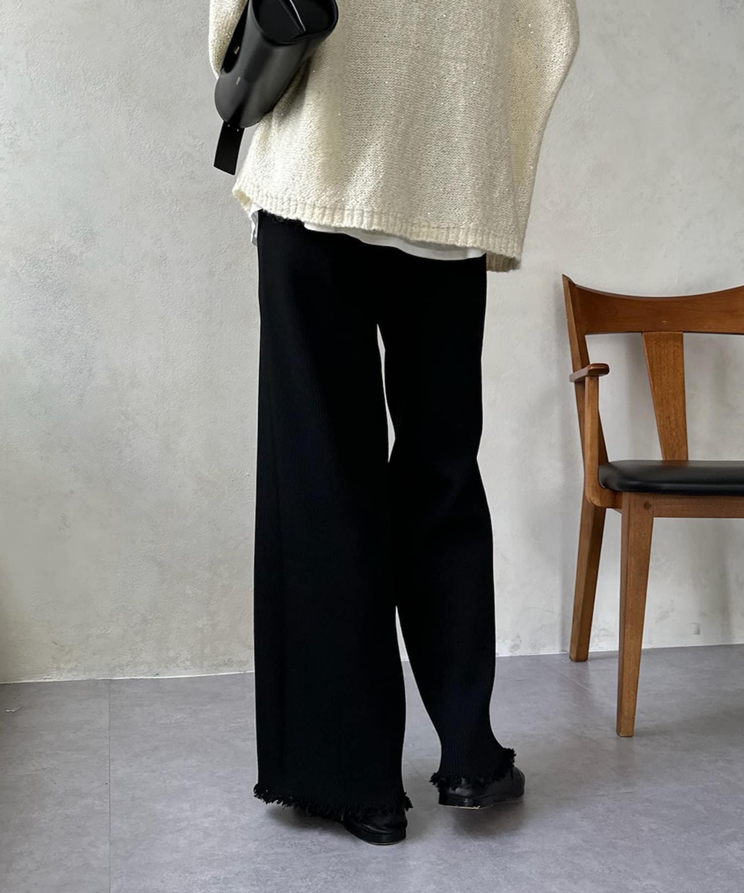 DOUDOU(ドゥドゥ) 【WEB限定】裾ダメージ加工リブニットパンツ