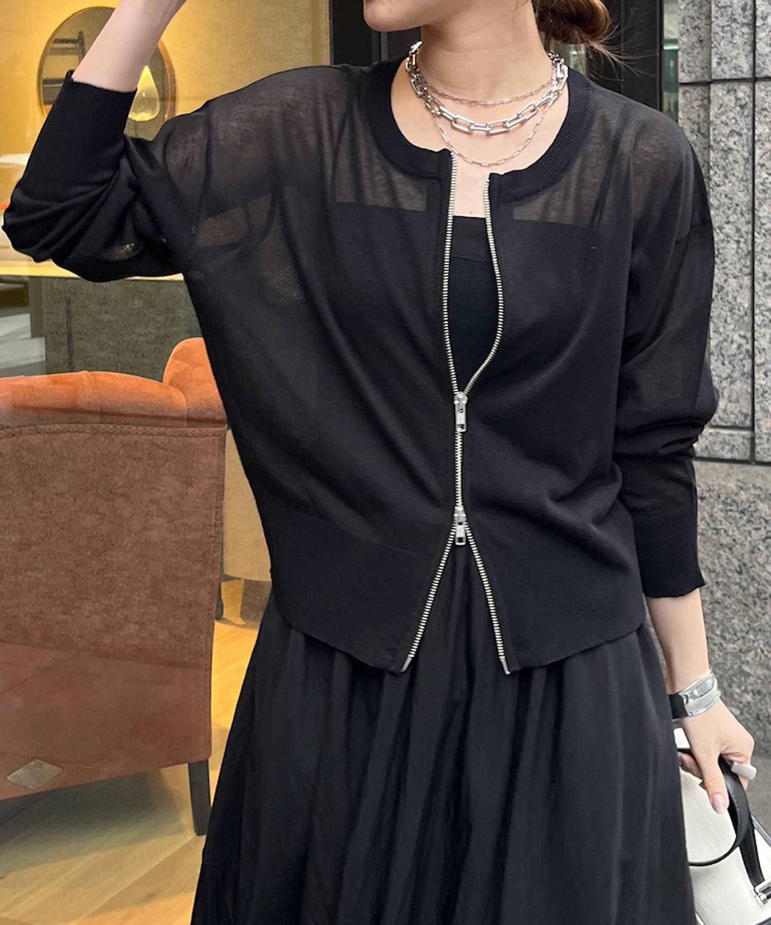 DOUDOU(ドゥドゥ) 【WEB限定】リネンライクハイツイストジップカーディガン