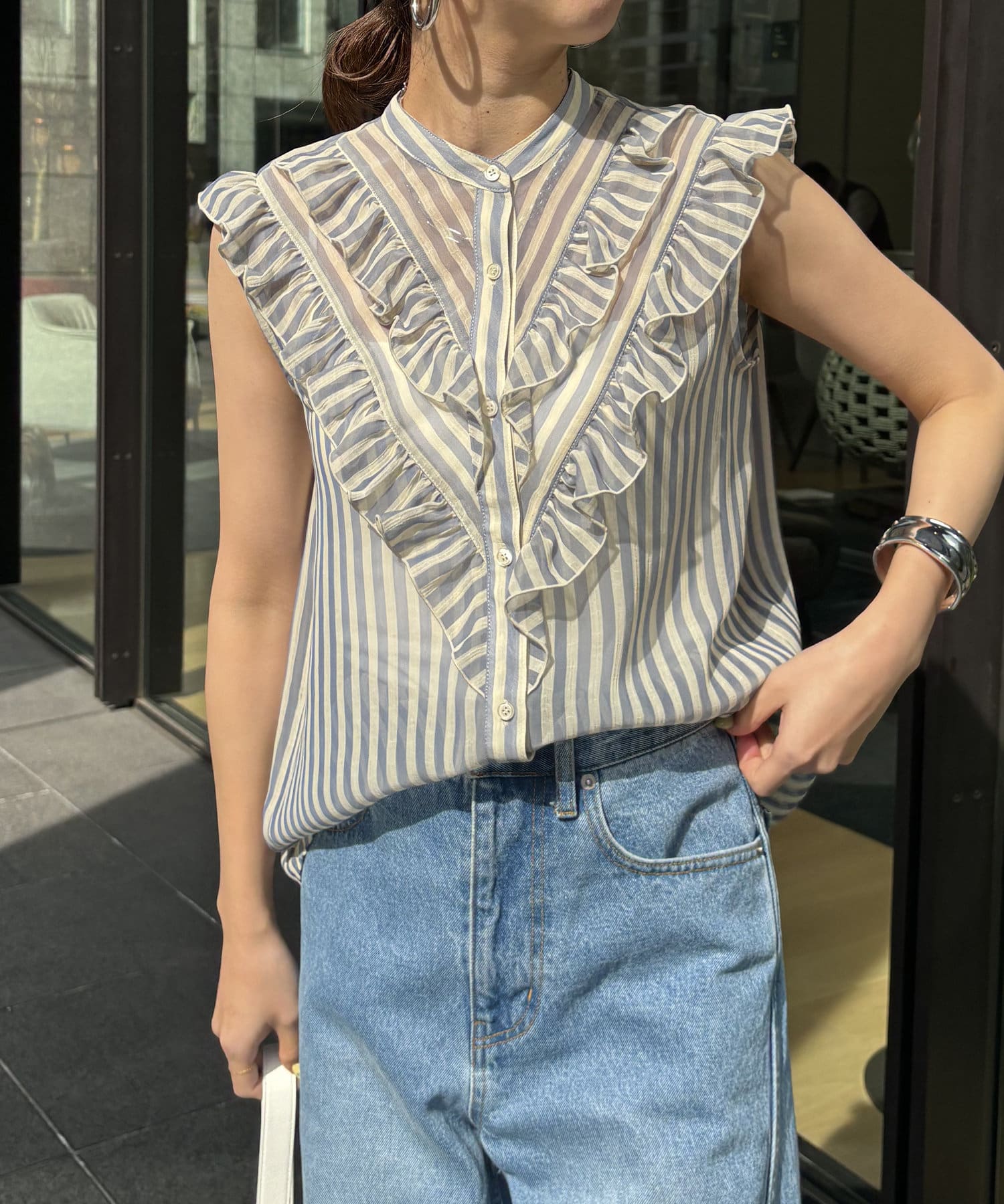 DOUDOU(ドゥドゥ) 【WEB限定】ヨウリュウフリルストライプブラウス