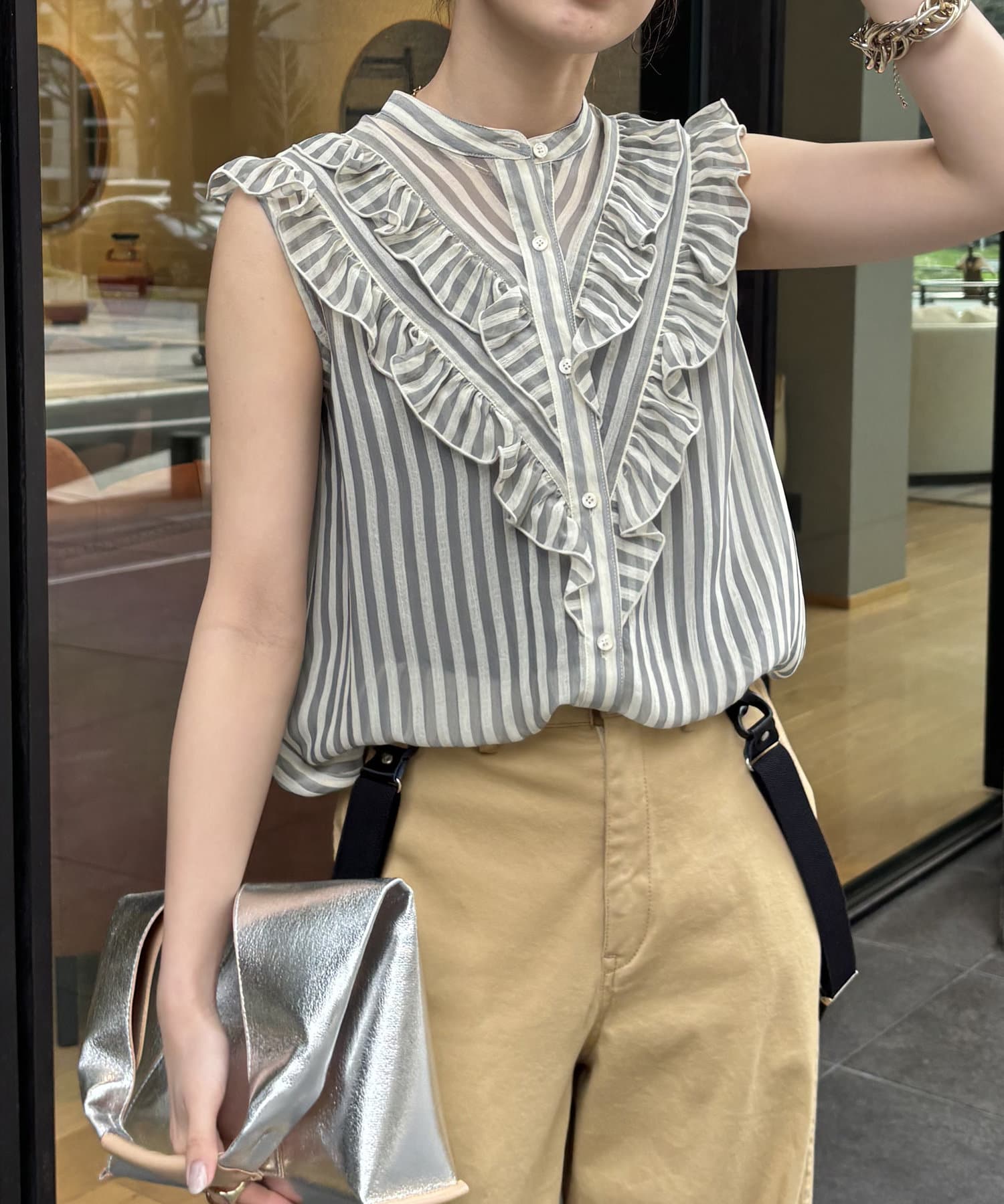 DOUDOU(ドゥドゥ) 【WEB限定】ヨウリュウフリルストライプブラウス