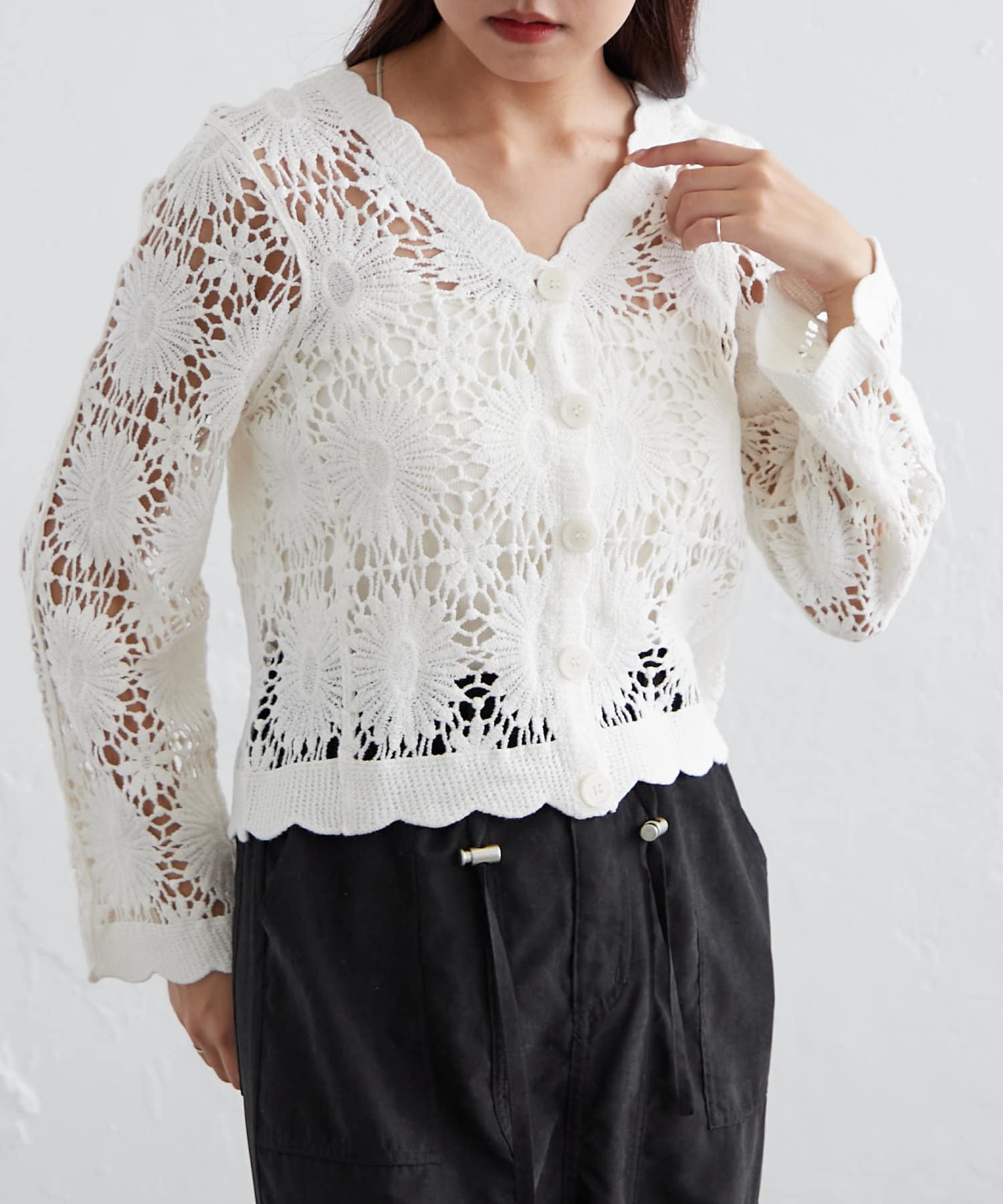 【即発送可能】 ピンクハウス】Мサイズ相当お花モチーフ半袖カーディガン透かし編み トップス