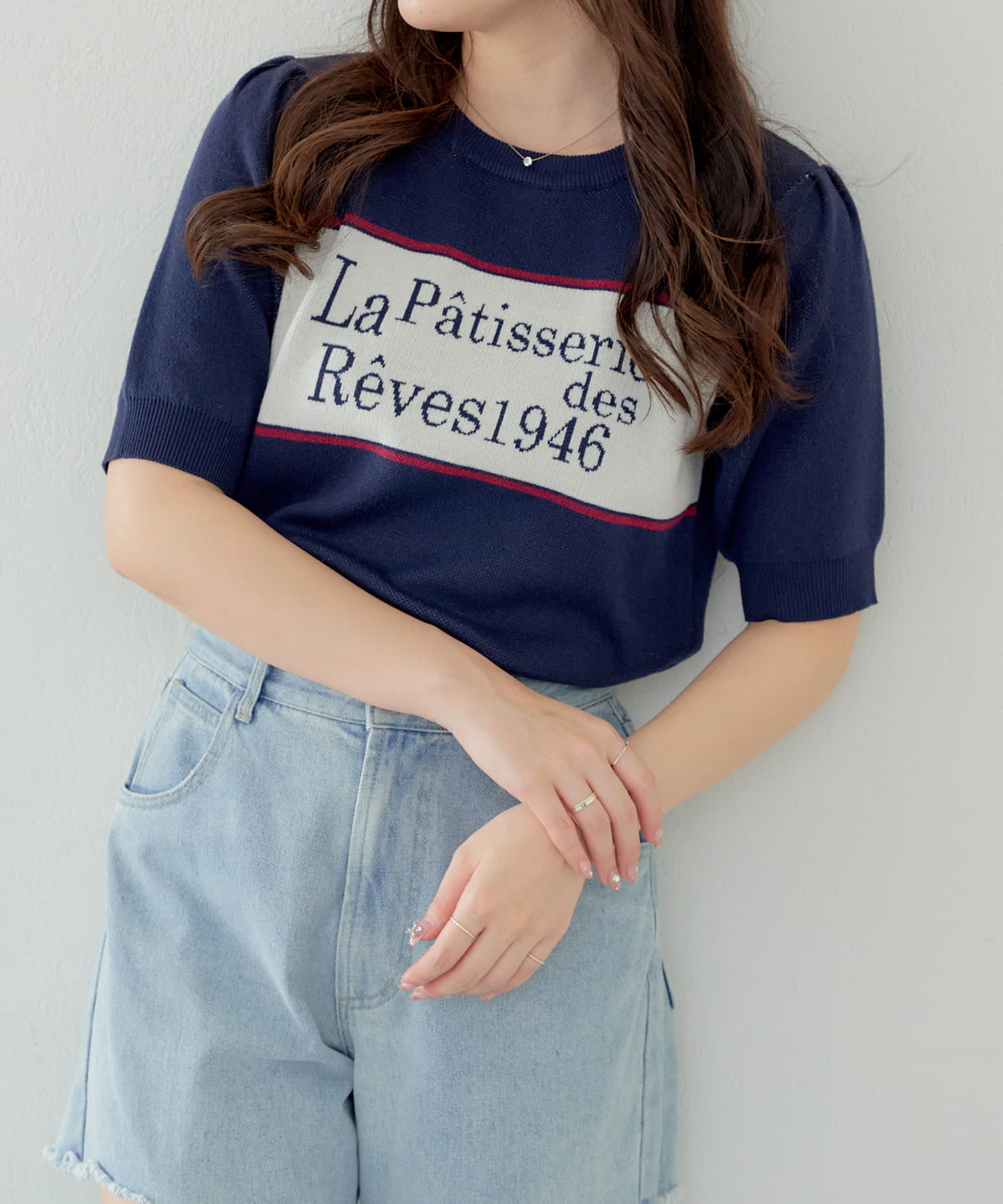 Remind me and forever(リマインドミーアンドフォーエバー) 配色ロゴ半袖ニット