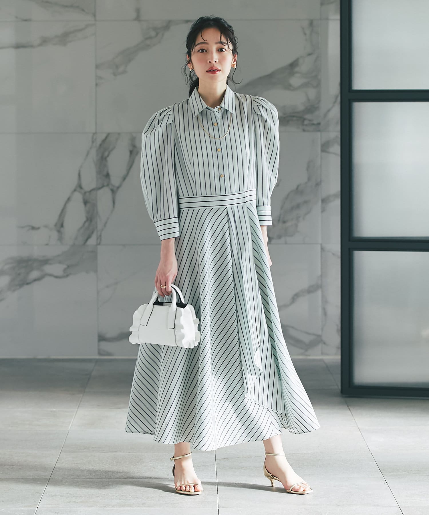 ストライプ コットン シャツワンピース リボン 長袖 韓国 cr9477 althena-7.jpg