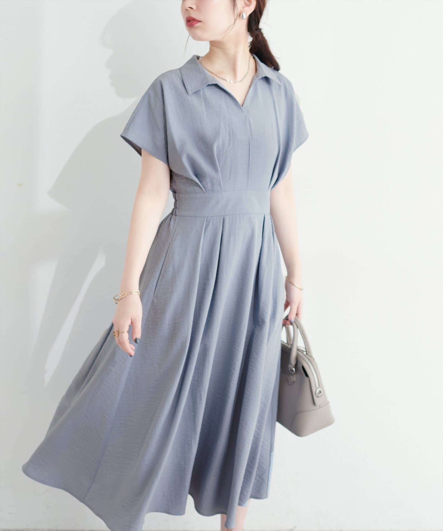 natural couture(ナチュラルクチュール) 【WEB限定】涼しげスキッパー衿お上品ワンピース