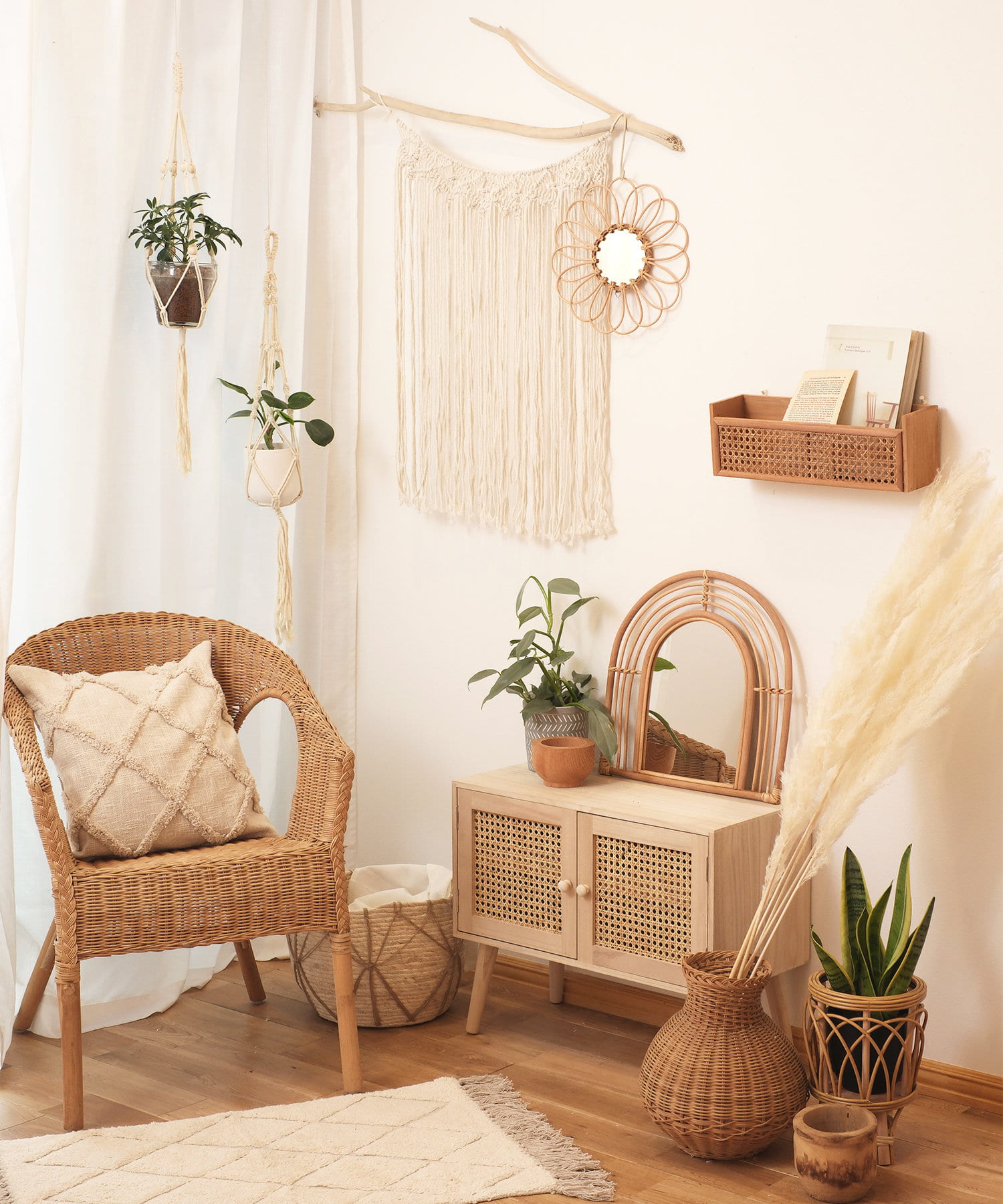 salut!(サリュ) ラタン編みウォールシェルフ／マクラメとラタン