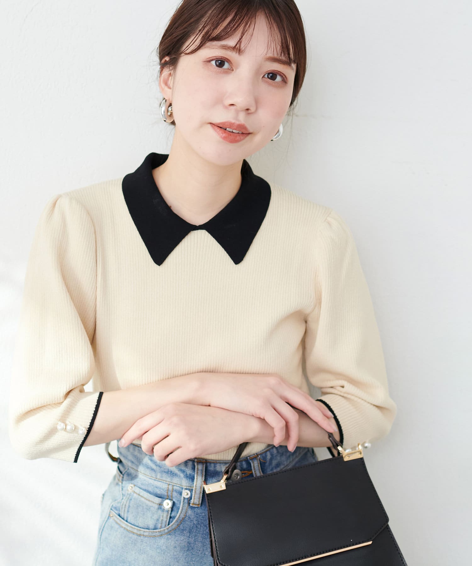 WEB限定】配色衿つき6分袖ニット | natural couture(ナチュラル