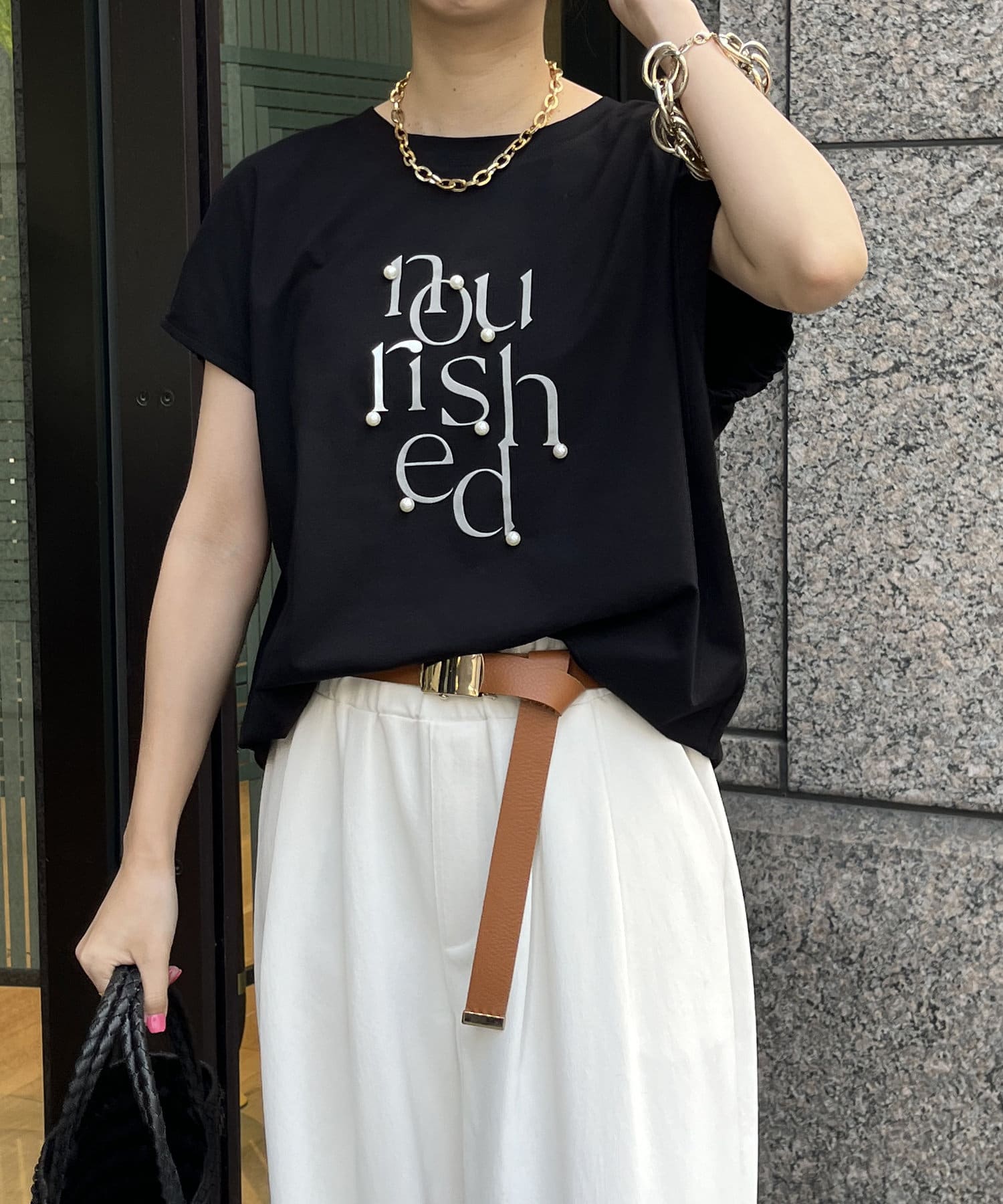DOUDOU(ドゥドゥ) 【WEB限定】パール使いロゴプリントTEE