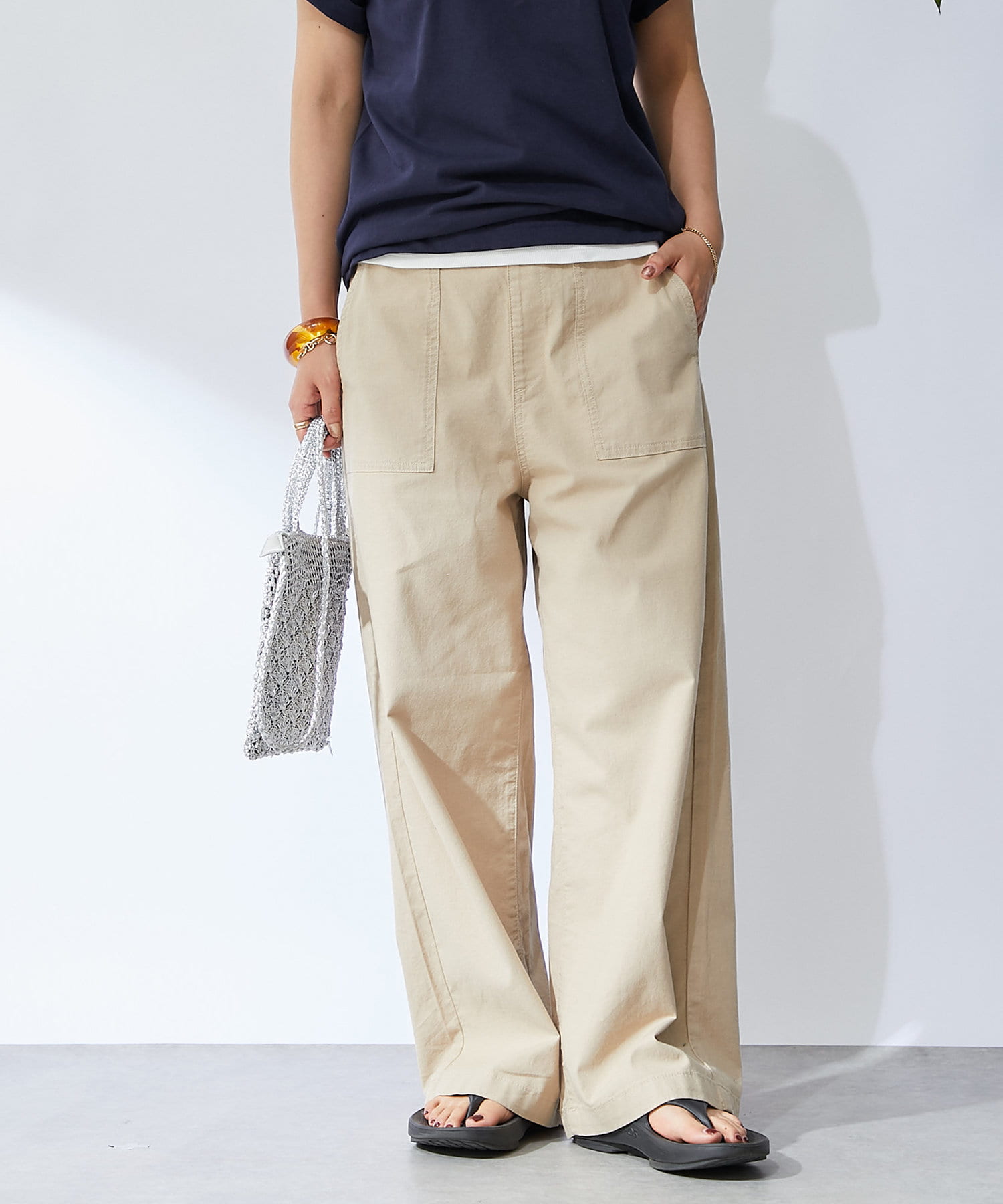 un dix cors(アンディコール) 《腰回りスッキリ》綿麻ストレッチカラーセミワイドパンツ