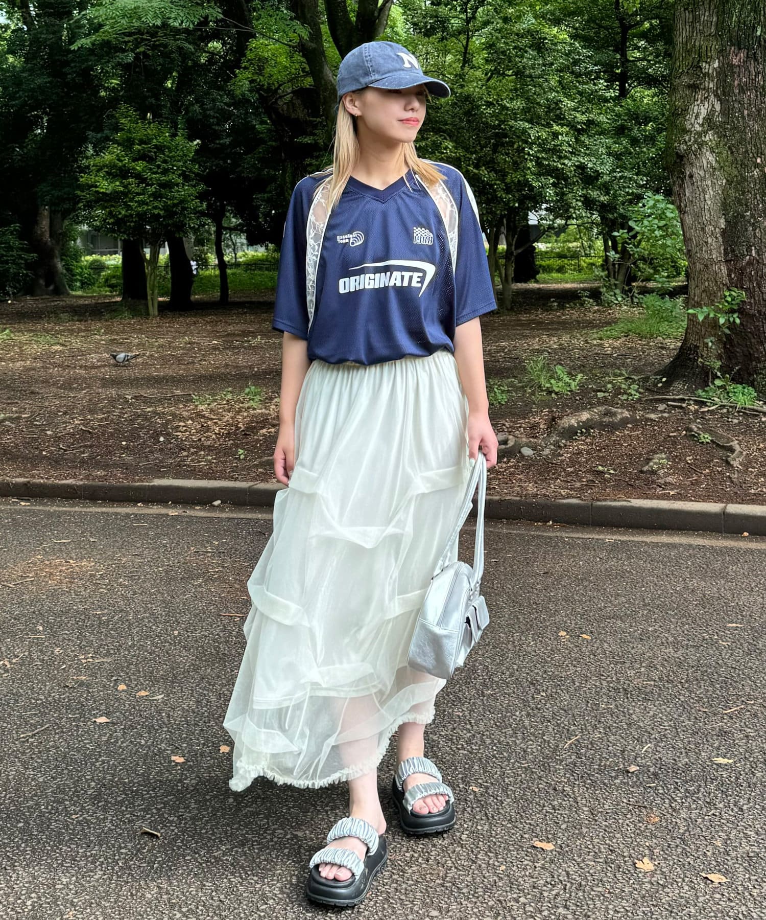 メッシュレースドッキングフットボールTee チャオパニック　ネイビー CIAOPANIC（チャオパニック）の「メッシュレースドッキング