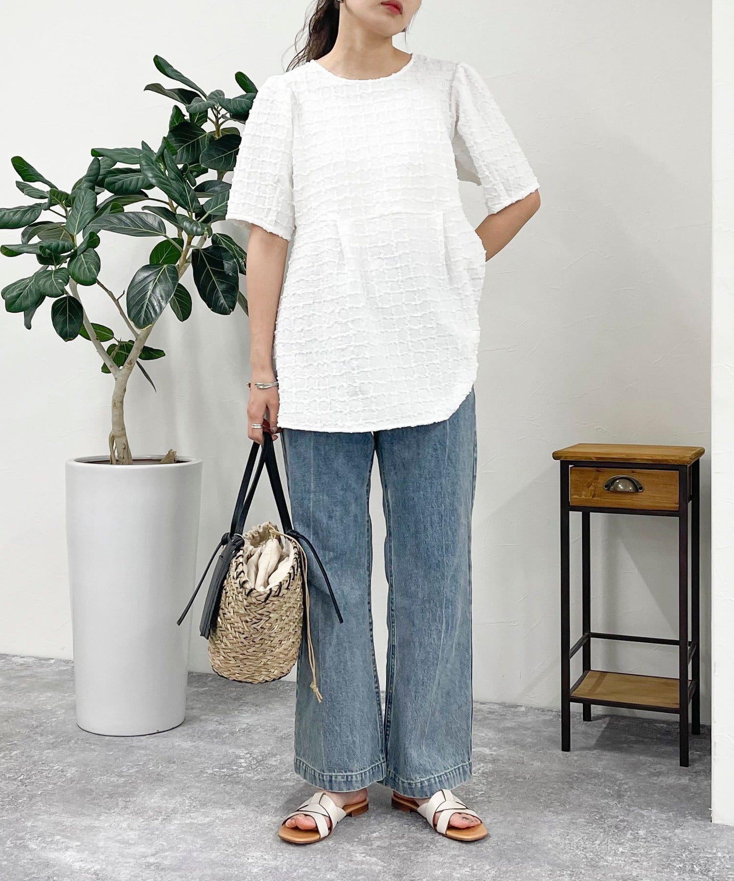 CADUNE ジャガードペプラムブラウス 36 23SS 五分袖 定価1.7万