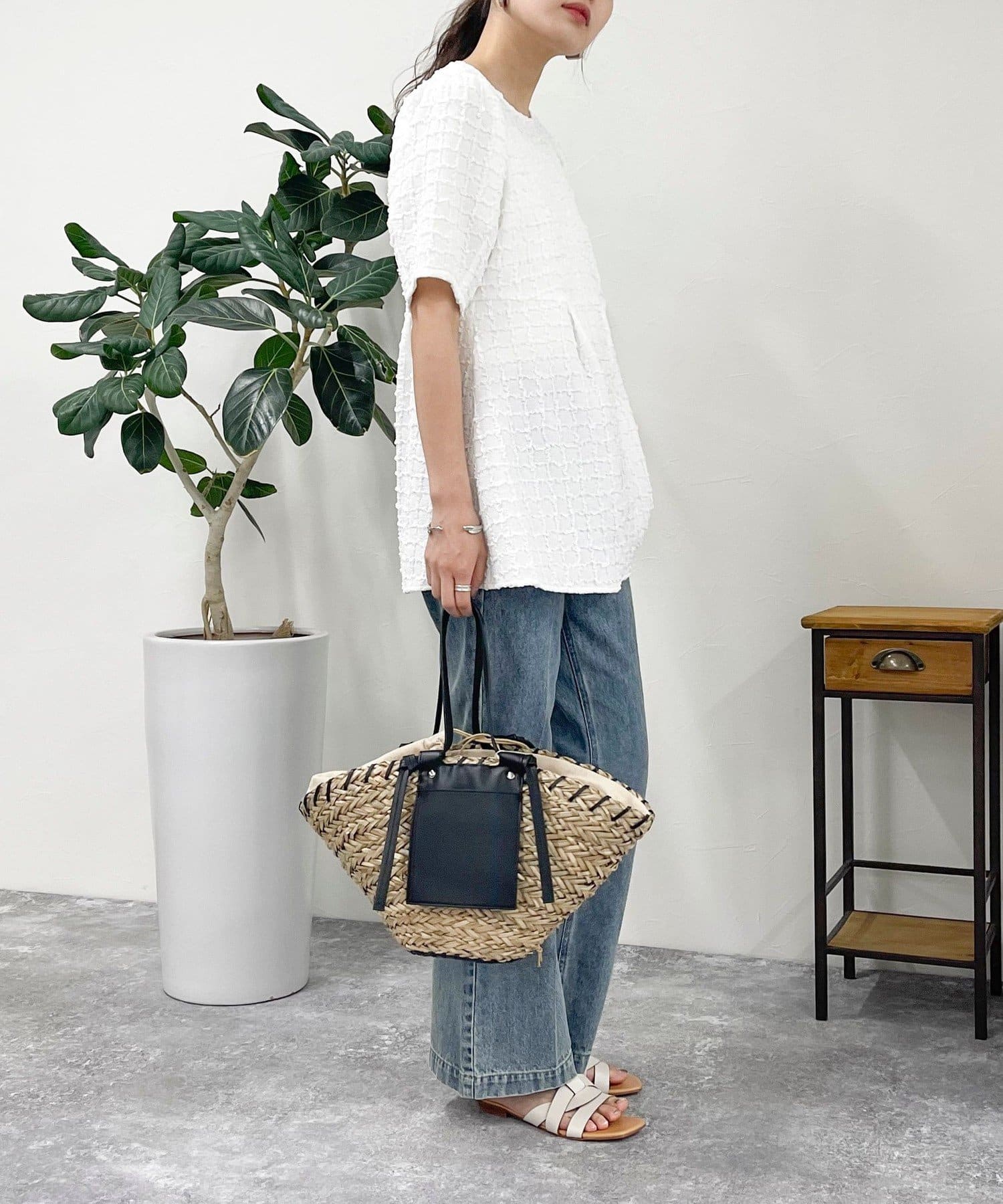 パラスパレス 25SS 半袖ジャガードブラウス 洗える リネン混 袖 