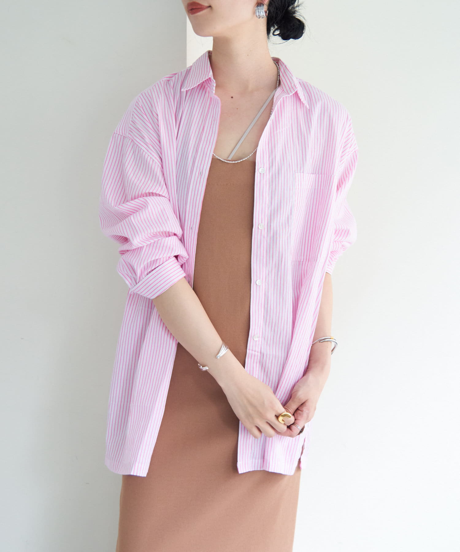 美品 シーナリー 23SS ベーシックストライプオーバーシャツ ピンク SHENERY】ベーシックストライプオーバーシャツ | OUTLET