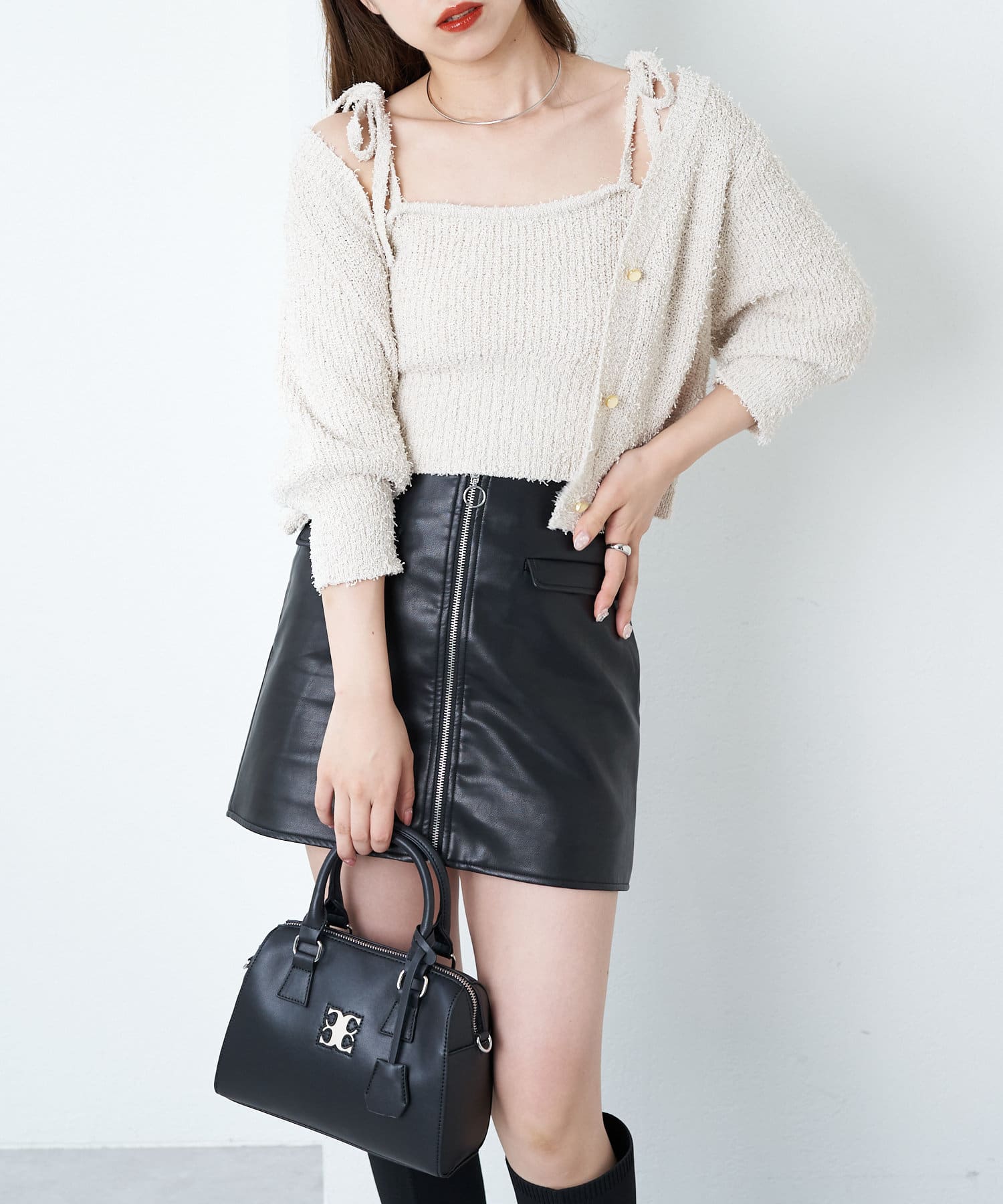 Chico】5分袖テープヤーンカーデ＋リボンキャミセット | OUTLET