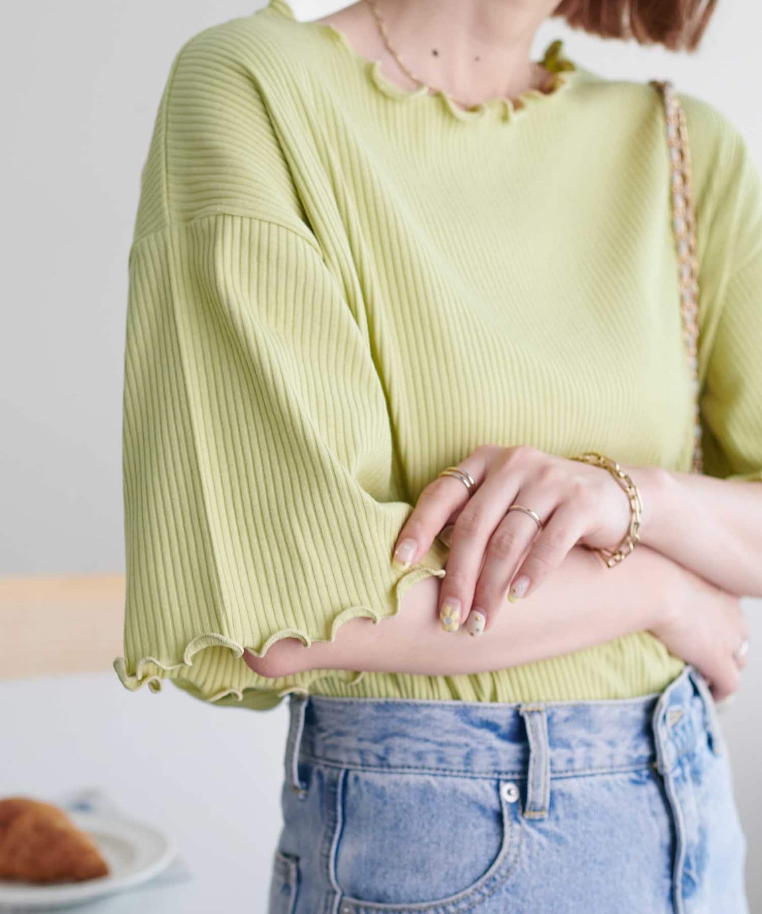 DISCOAT(ディスコート) 【二の腕カバーにも◎／22色展開】リブメローフレア5分袖≪WEB限定≫