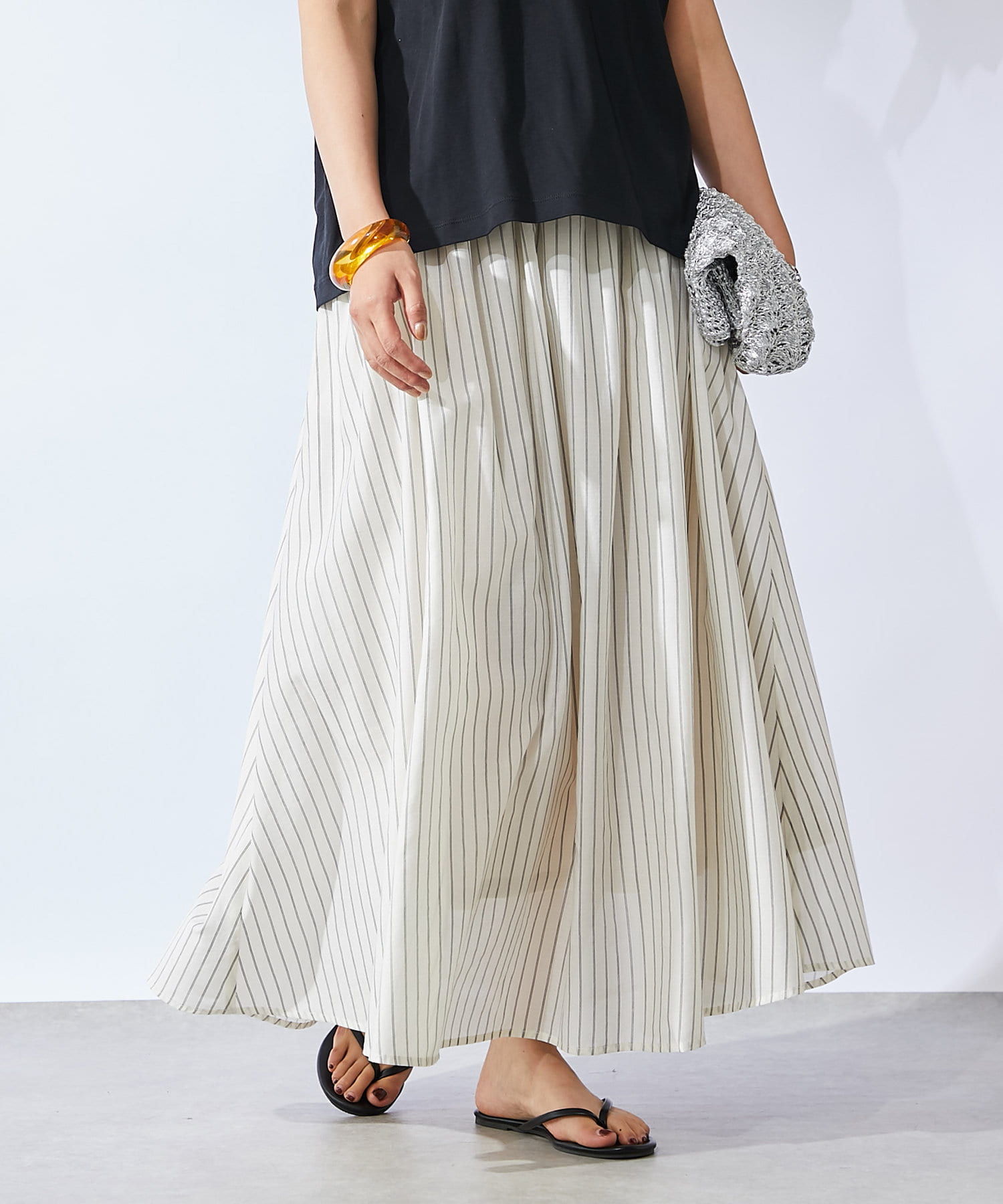 インスタイルがキマる》ストライプギャザーロングスカート | un dix  