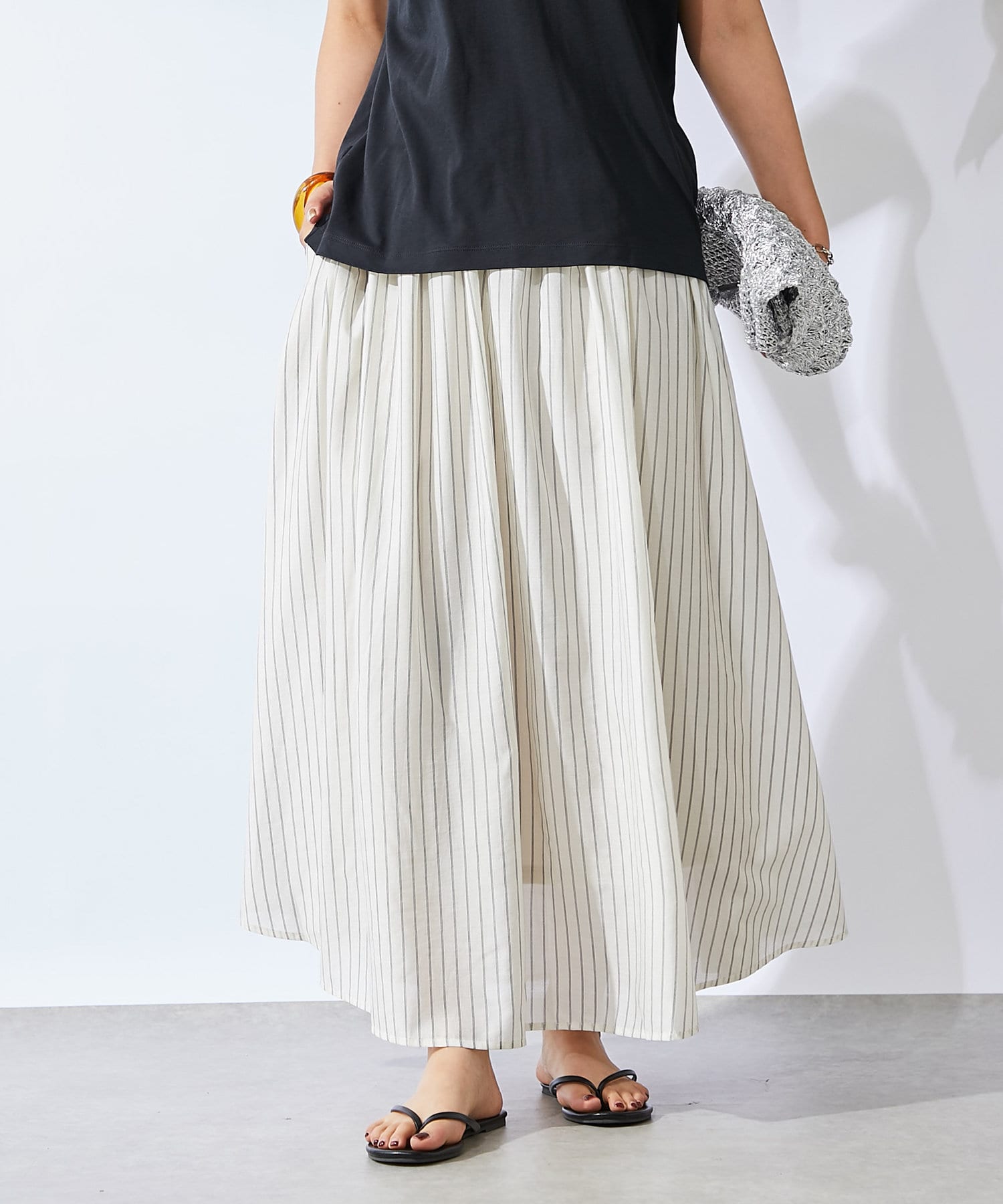 インスタイルがキマる》ストライプギャザーロングスカート | un dix  