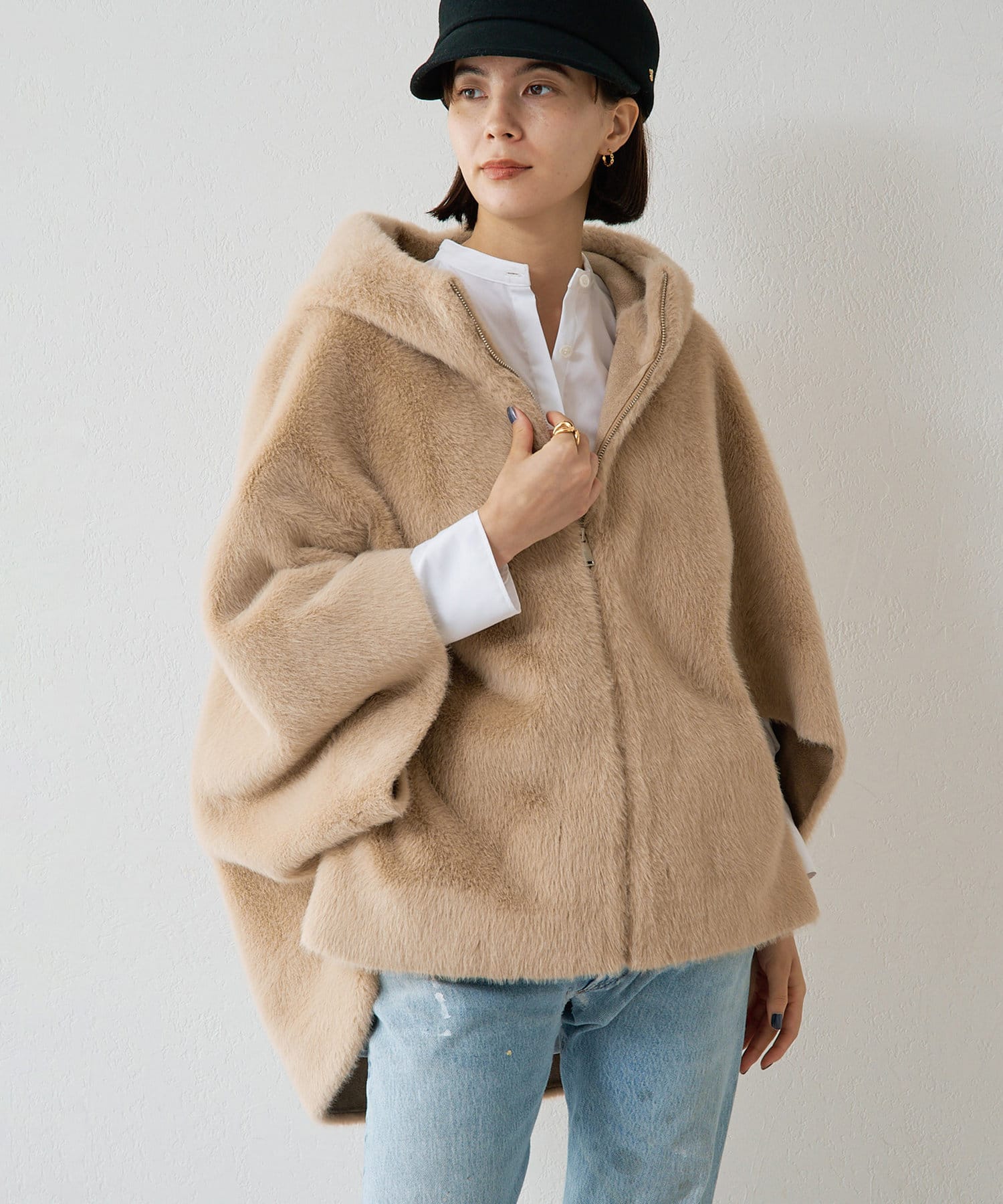 ウィムガゼット　LOU ANDREA フードファーコート ベージュ　今期 15th】【LOU ANDREA】LOUFOOD FUR COAT | Whim Gazette(ウィム