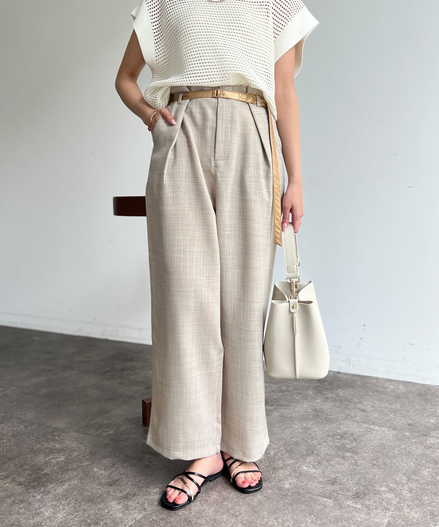 メタリックベルトリネンワイドパンツ | Chez toi(シェトワ