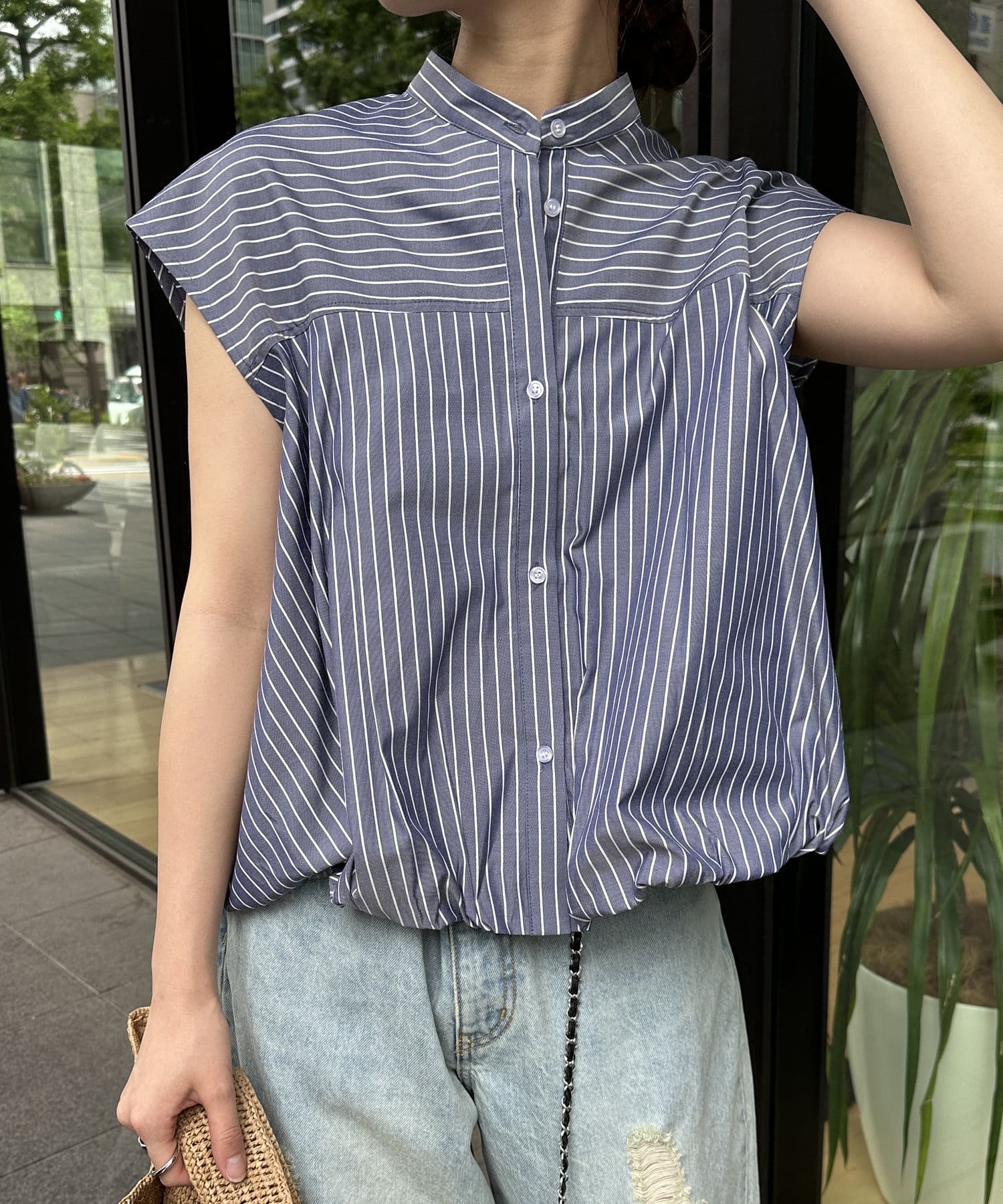 DOUDOU(ドゥドゥ) 【WEB限定】裾バルーンストライプブラウス