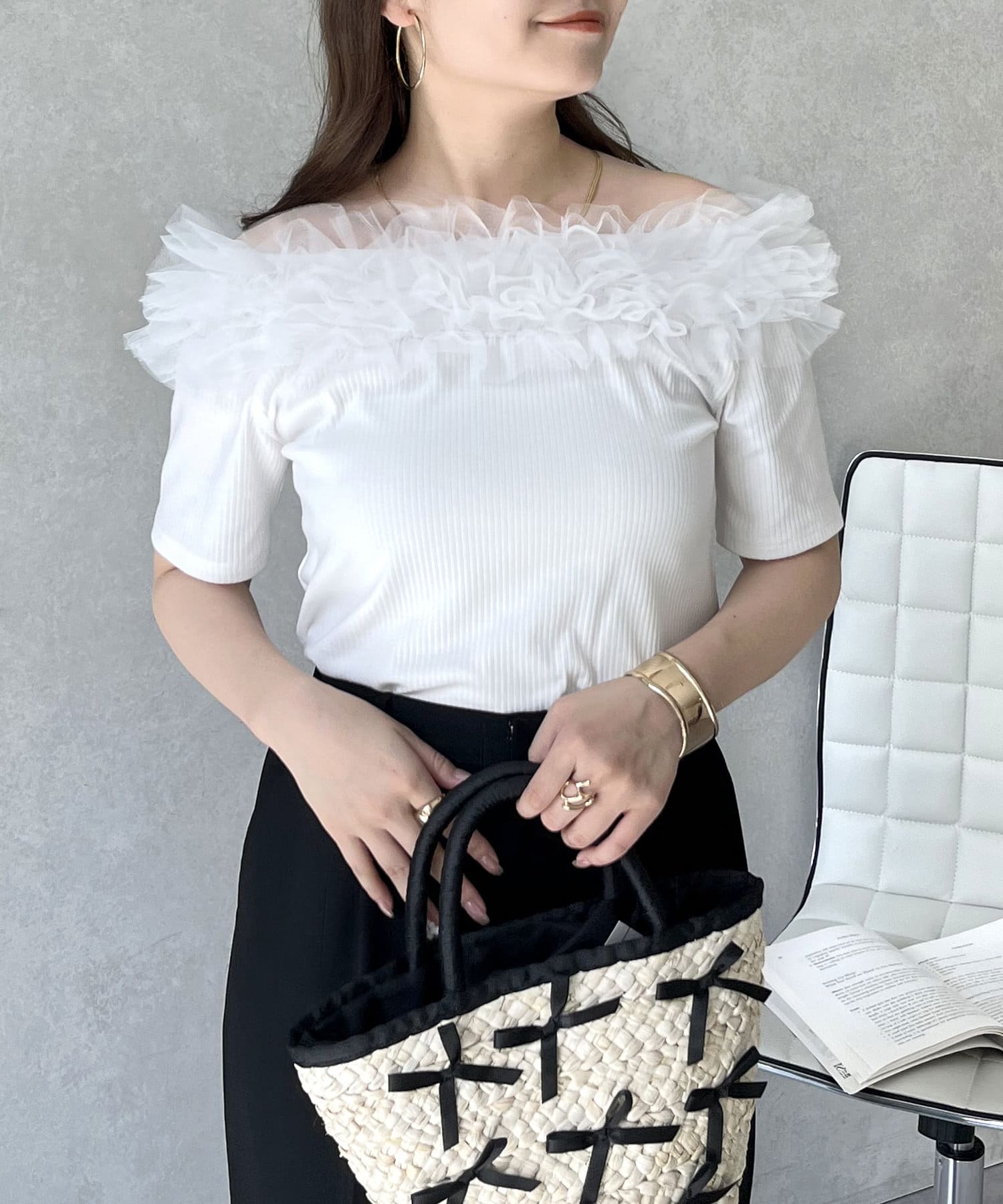 prose verse(プロズヴェール) デコルテチュールオフショルリブトップス