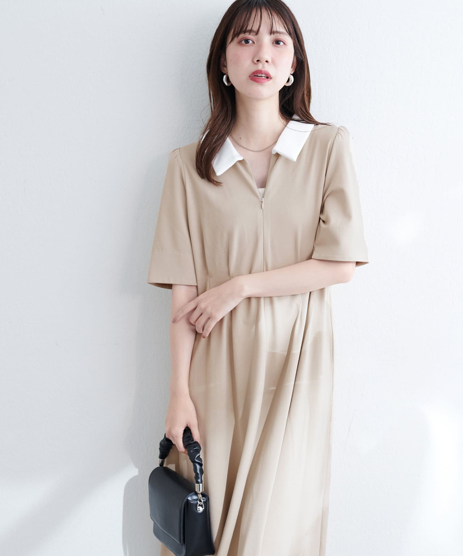 natural couture(ナチュラルクチュール) WEB限定 /【mamamo】配色衿5分袖カットワンピース