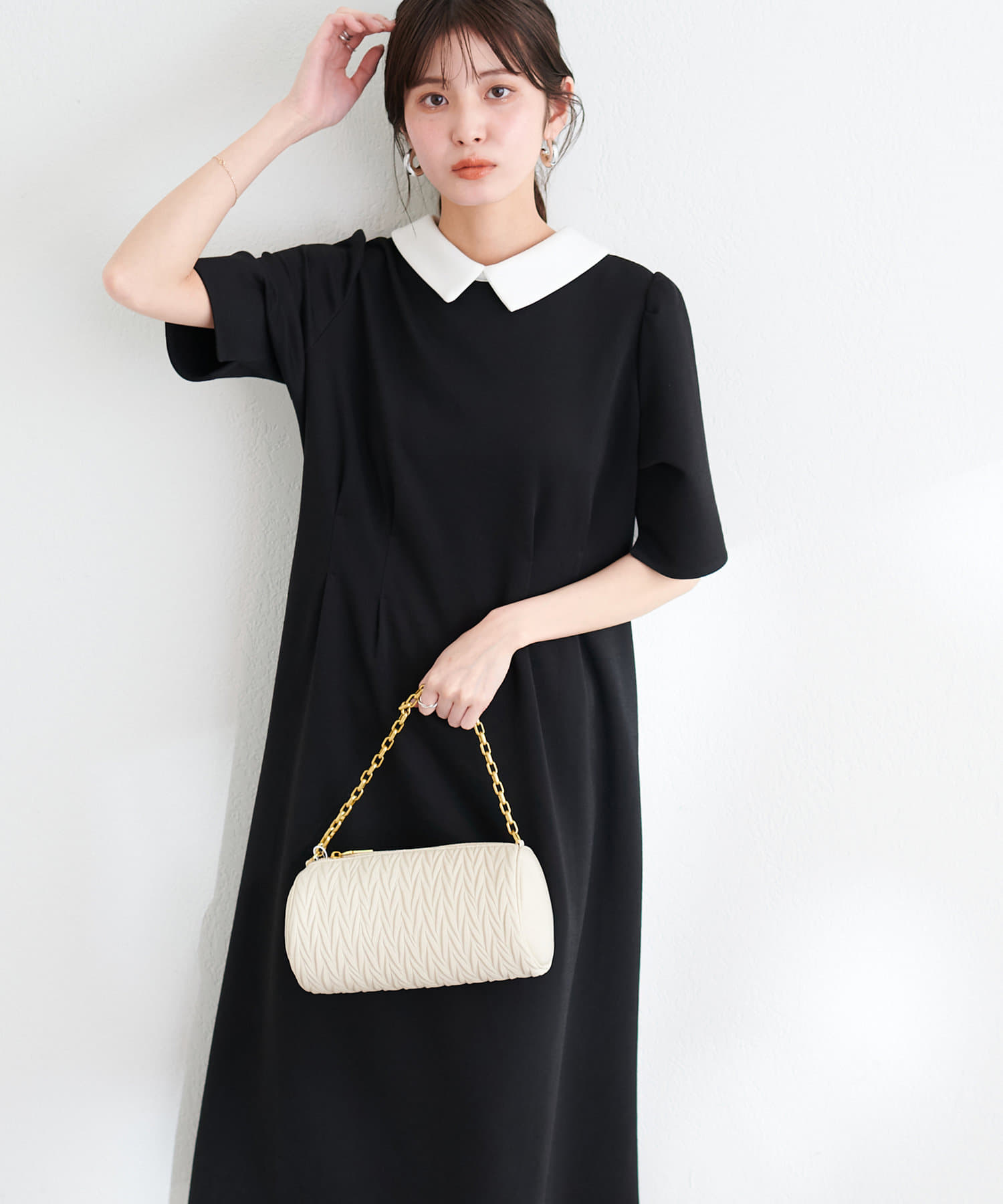 natural couture(ナチュラルクチュール) WEB限定 /【mamamo】配色衿5分袖カットワンピース