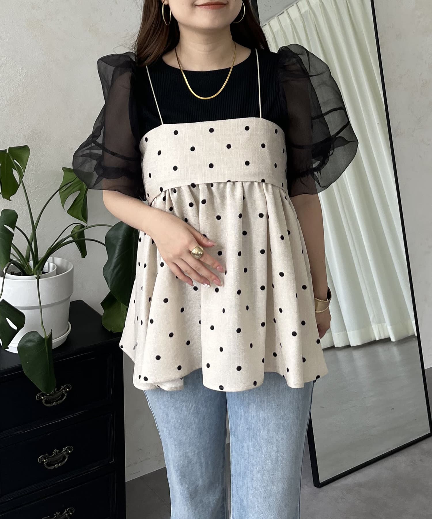 リネンライクナローストラップドットペプラムビスチェ | prose