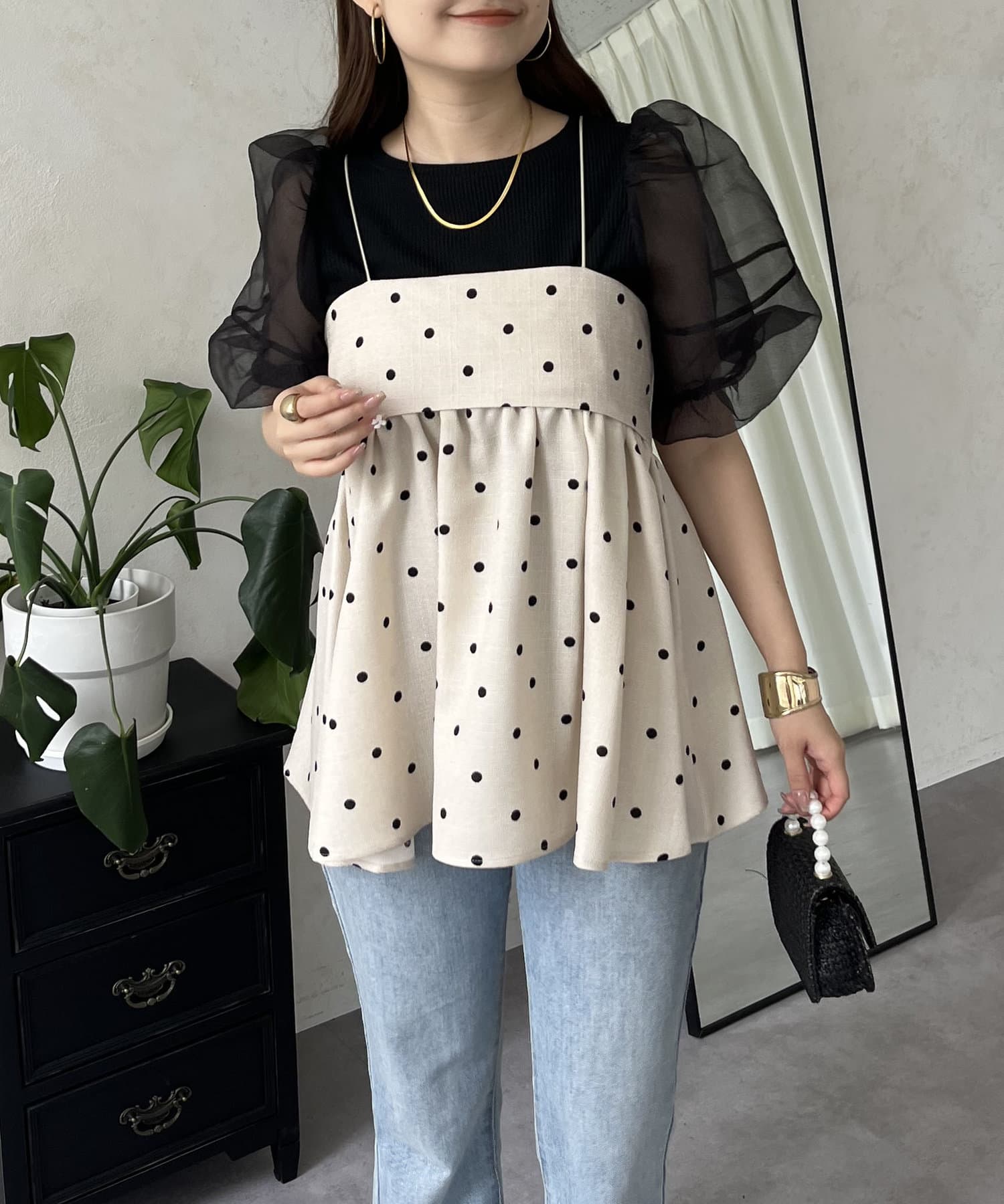 リネンライクナローストラップドットペプラムビスチェ | prose verse