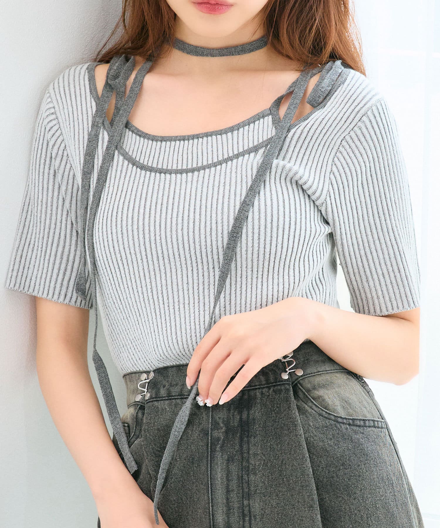 OLIVE des OLIVE(オリーブ デ オリーブ) 肩リボンレイヤードリブニット