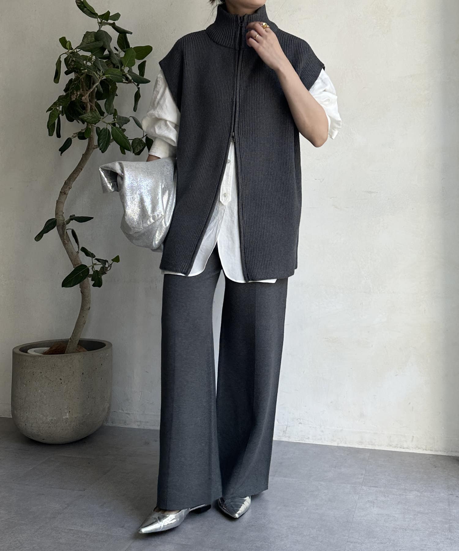 WEB限定】片畦ロングベスト＋ジャガードニットパンツセット | DOUDOU