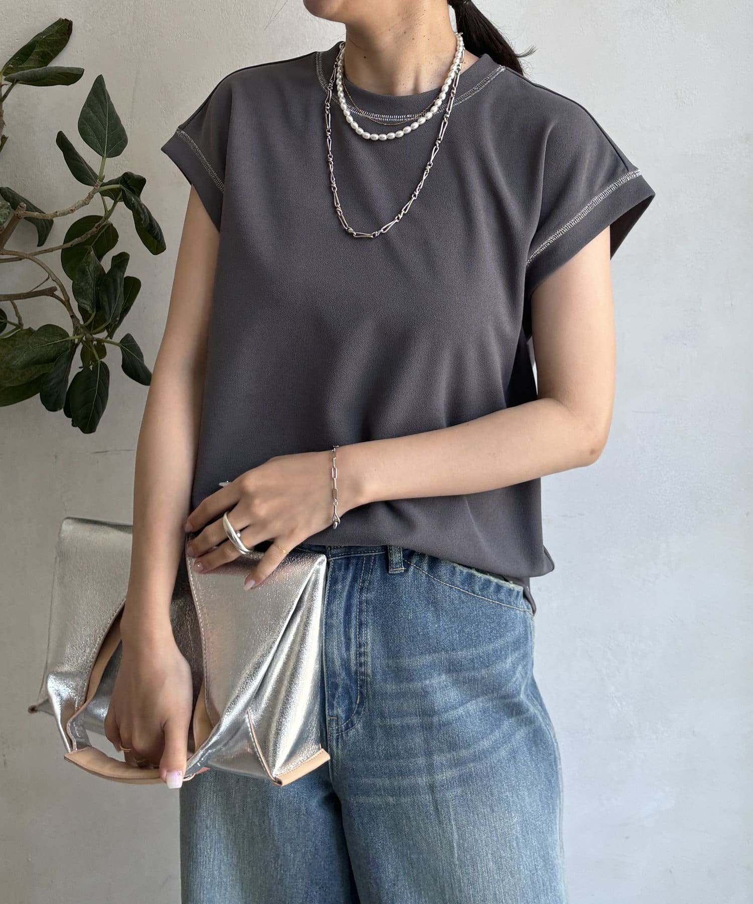 DOUDOU(ドゥドゥ) 【WEB限定】 配色ステッチカットジョーゼットTEE