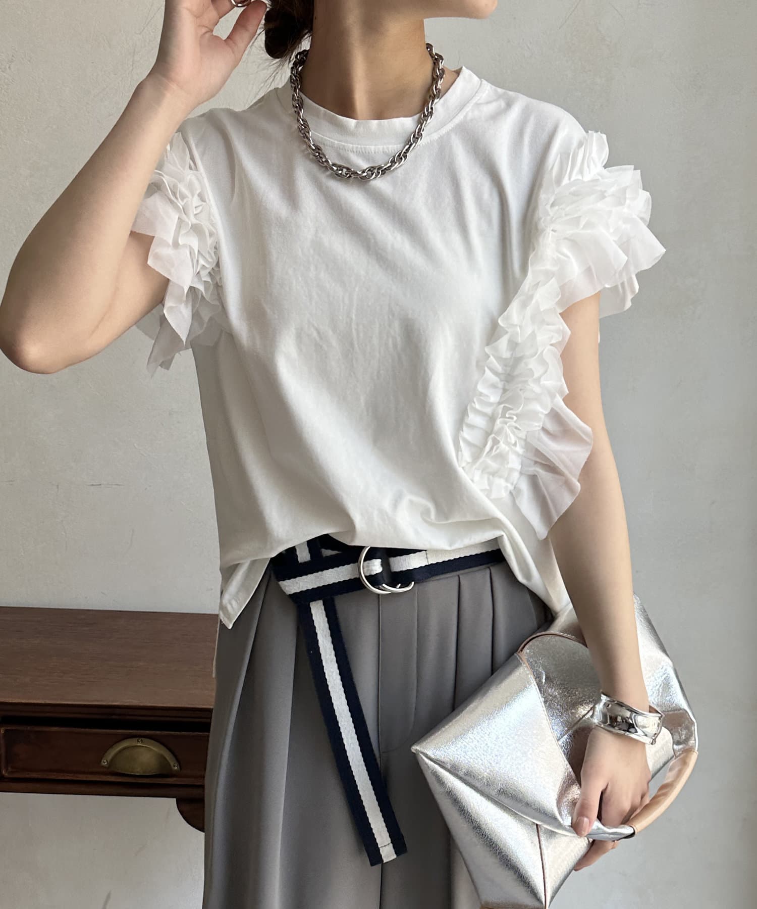 新品　DOUDOU チュールフリルTEE ドゥドゥ セール】【WEB限定】チュールビスチェTEE（Tシャツ/カットソー