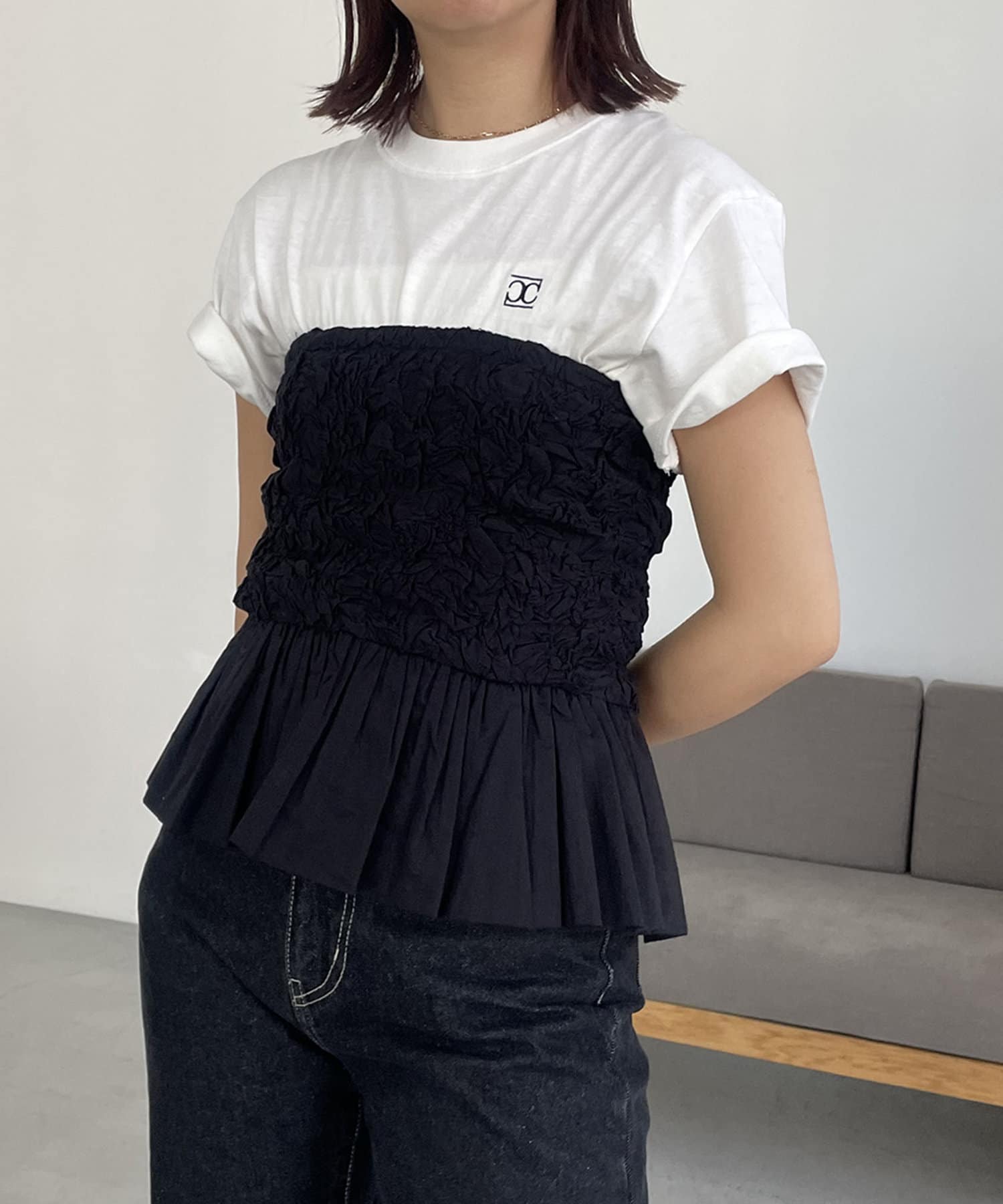CAPRICIEUX LE'MAGE ペプラムトップスフレアデザイン ビスチェ CAPRICIEUX LE'MAGE】シャーリングペプラムビスチェ | OUTLET