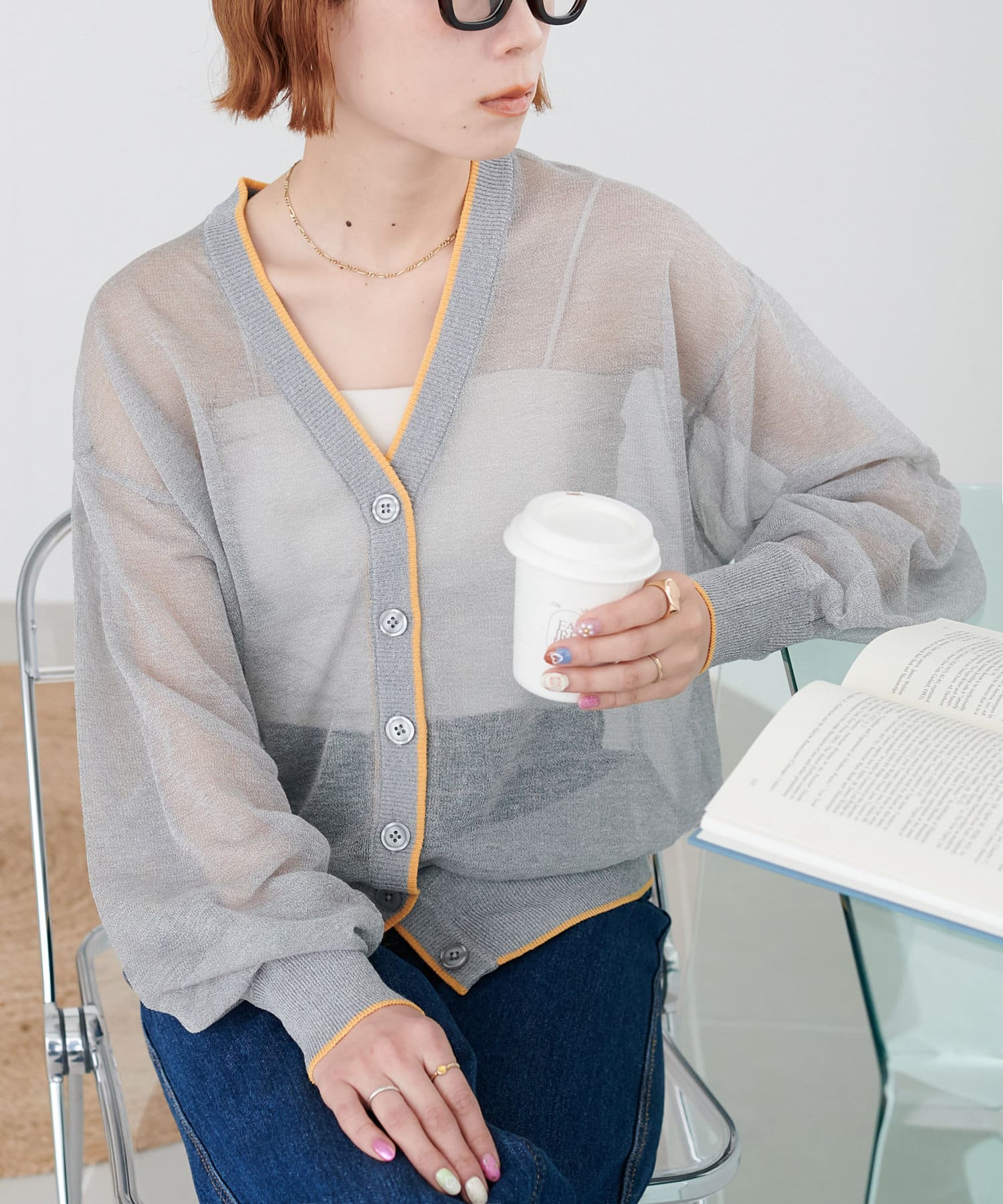 OUTLET(アウトレット) 【Discoat】【前後2WAY】シアー配色Vカーディガン