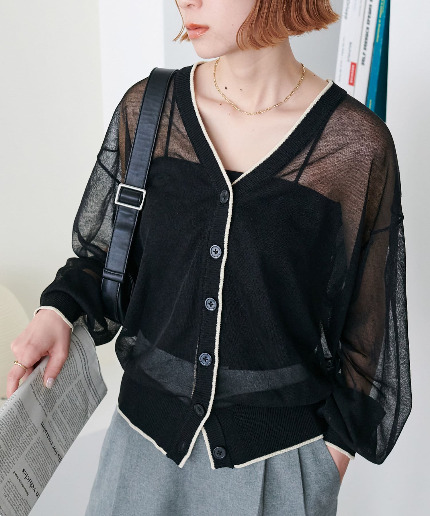 OUTLET(アウトレット) 【Discoat】【前後2WAY】シアー配色Vカーディガン