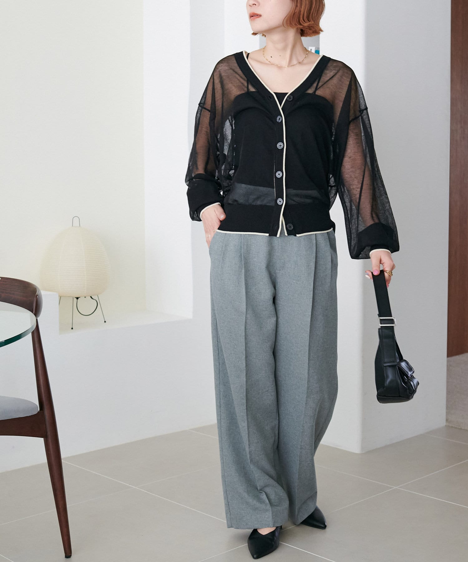 OUTLET(アウトレット) 【Discoat】【前後2WAY】シアー配色Vカーディガン