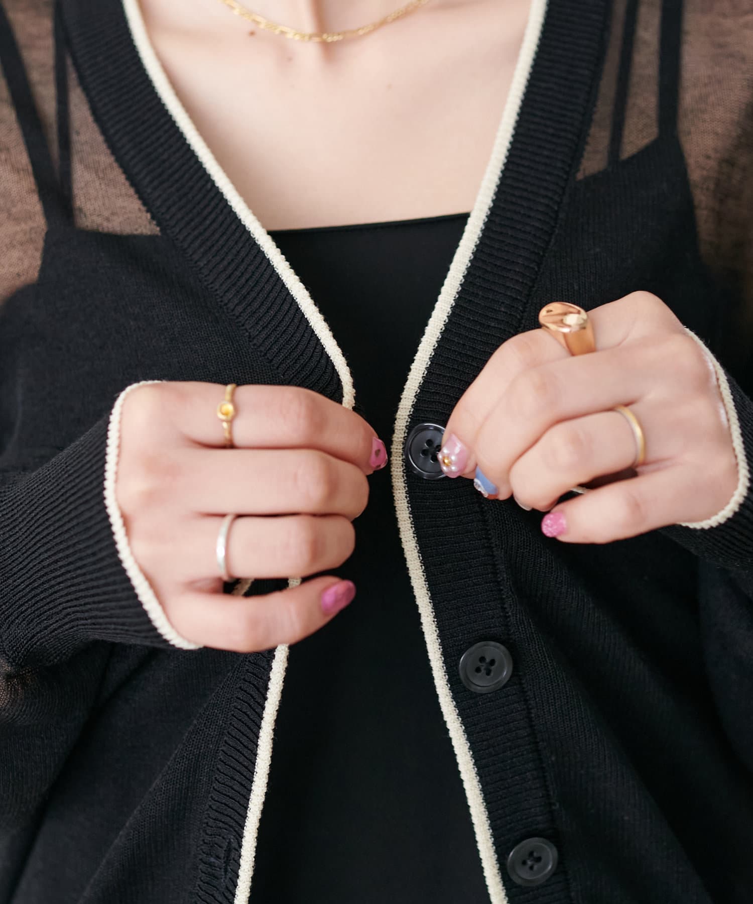 OUTLET(アウトレット) 【Discoat】【前後2WAY】シアー配色Vカーディガン