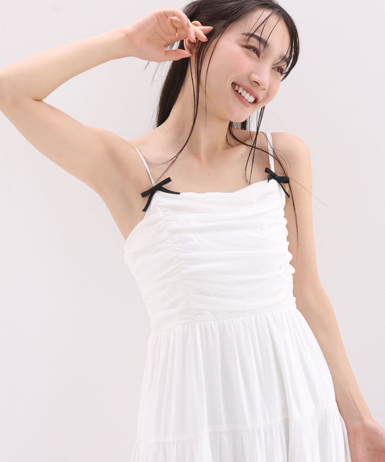 新色追加】ヘアクリップリボン付き/ティアードキャミワンピース