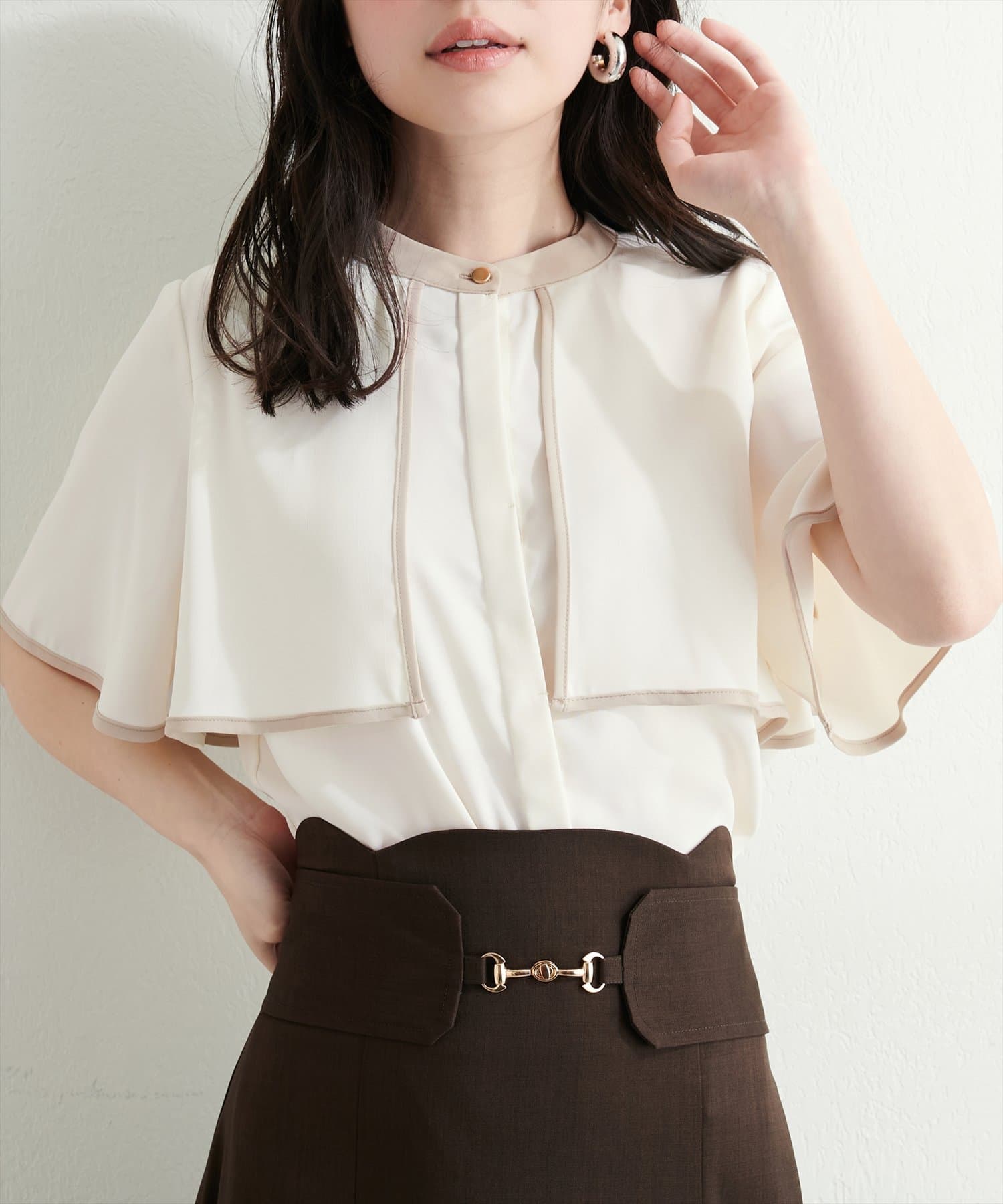 スタンドネック配色ケープブラウス | natural couture(ナチュラル